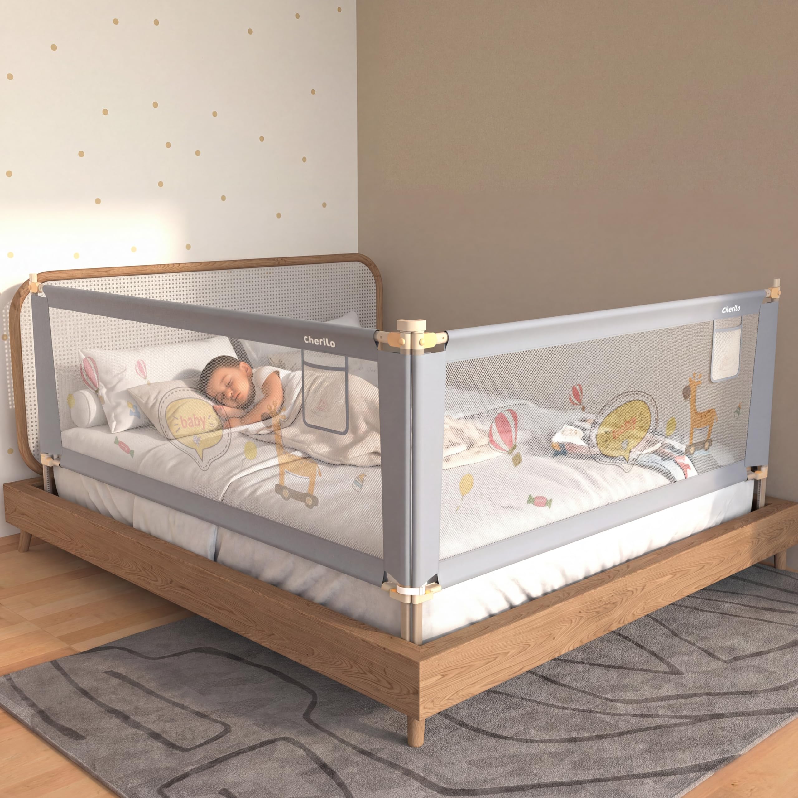 Cherilo Bed Rail Guard for Baby Safety | (6.5ft x 6ft / 200cm x 180cm), 2 Side | Foldable & Height Adjustable | Breathable Mesh, Kids-Friendly Prints | Grey (Pack of 2)-image-42