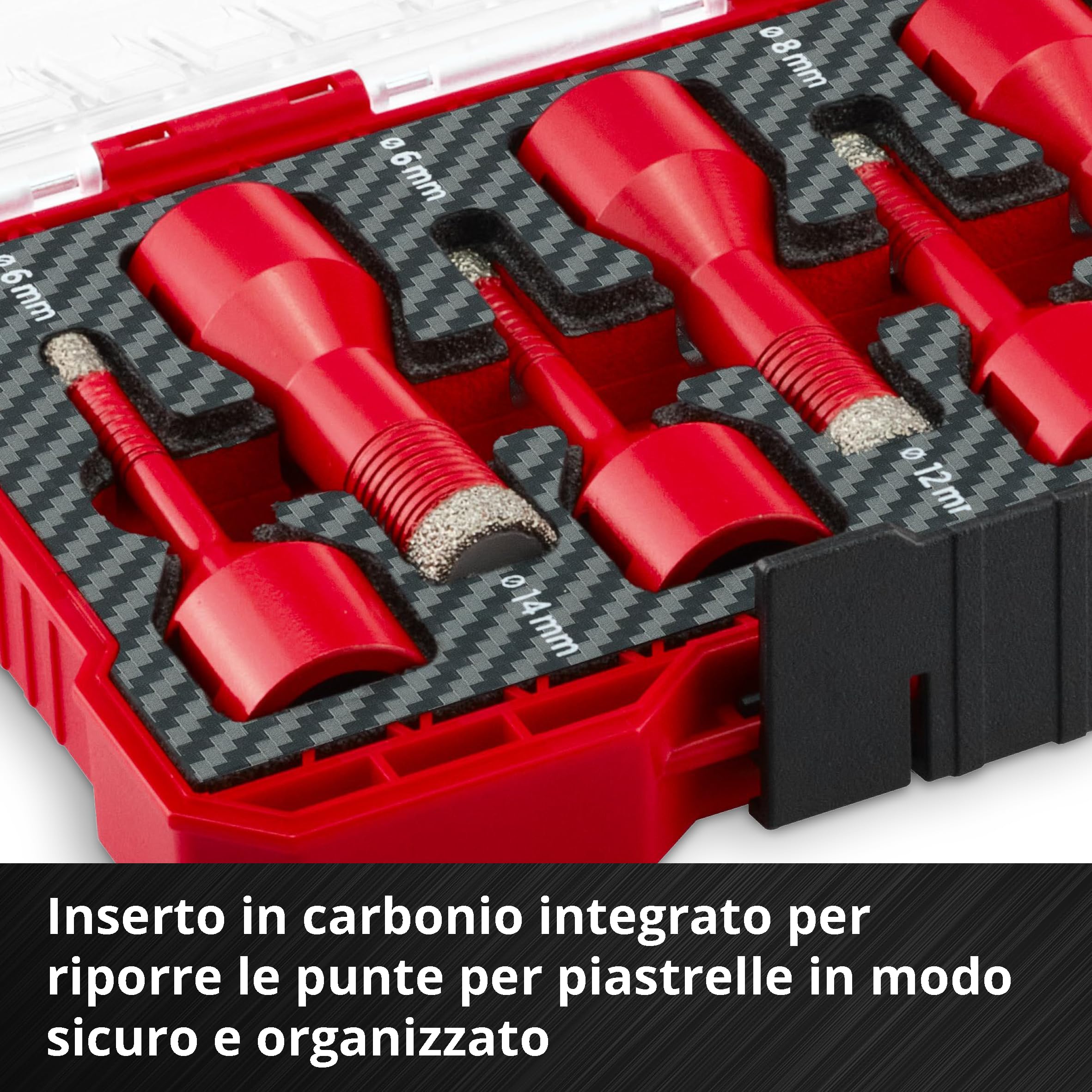 Original Einhell M-CASE - Juego de 7 brocas para azulejos (corte en seco, relleno de diamante de 7 mm, larga vida útil, refrigerante para diámetros pequeños, caja de almacenamiento incluida)