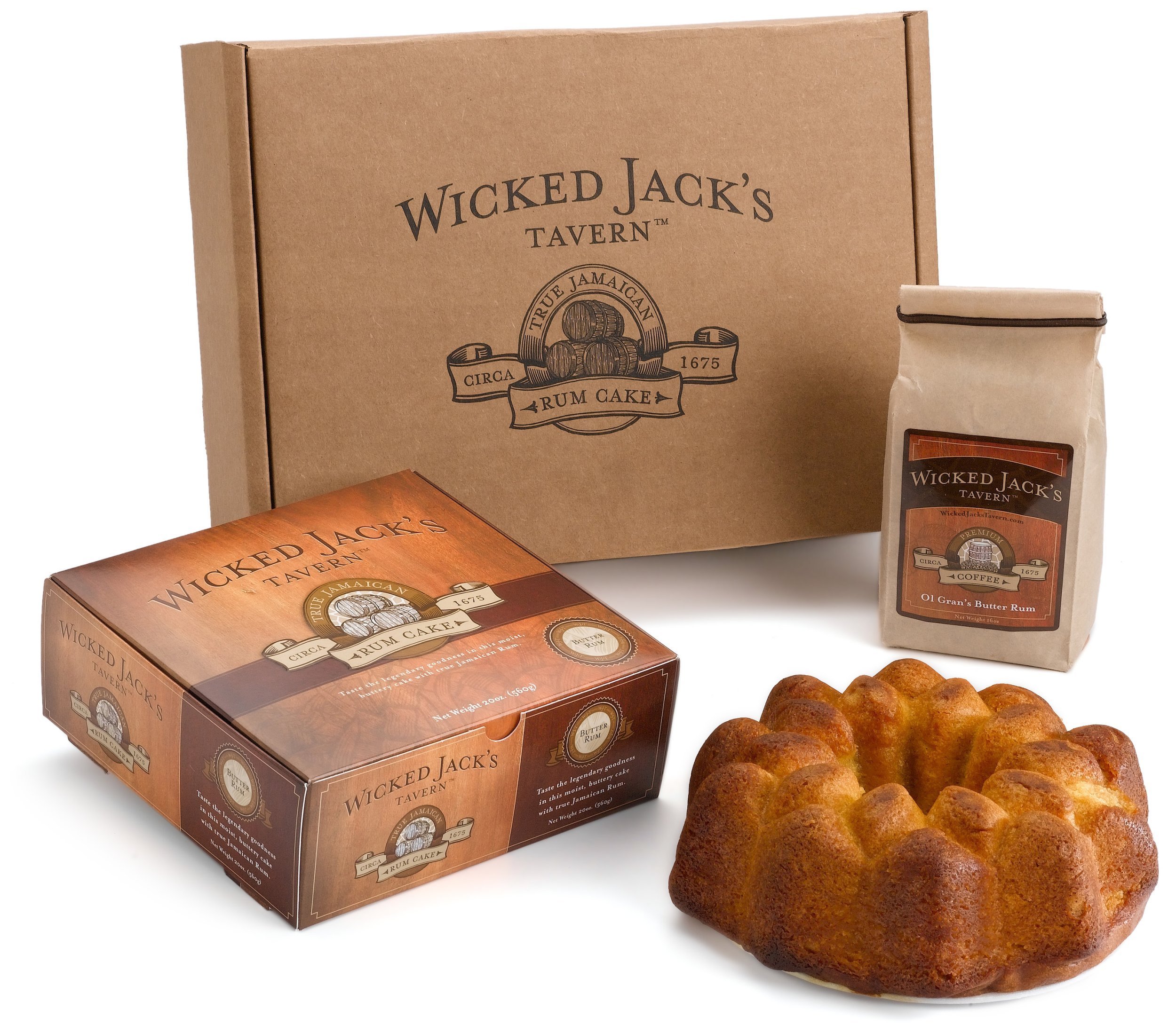 Wicked Jack's Tavern Captain's Stash Gift Box (20-Ounce Rum Cake & 12-Ounce Old Gran's Butter Rum Ground Coffee)