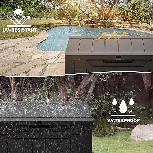 Miniatura 5 de DWVO Caja de almacenamiento exterior de 30 galones, contenedor de almacenamiento exterior con cerradura para herramientas de jardinería, flotadores