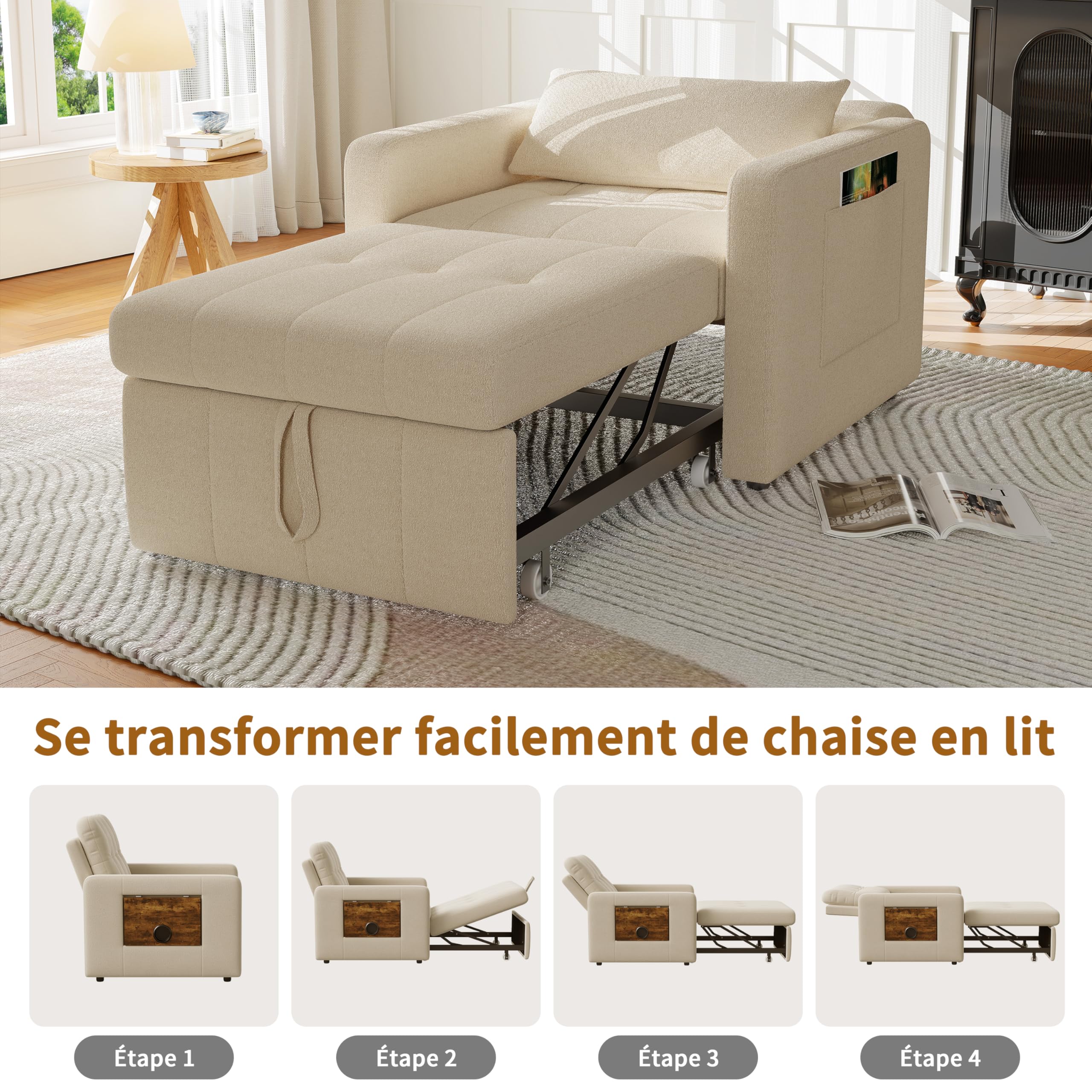 Fauteuil-lit 3 en 1 Convertible 1 Place, Canapé lit Simple avec Coussin Dossier réglable, Fauteuil Convertible avec Sac et 1 Porte-gobelets, pour Pet012it Appartement