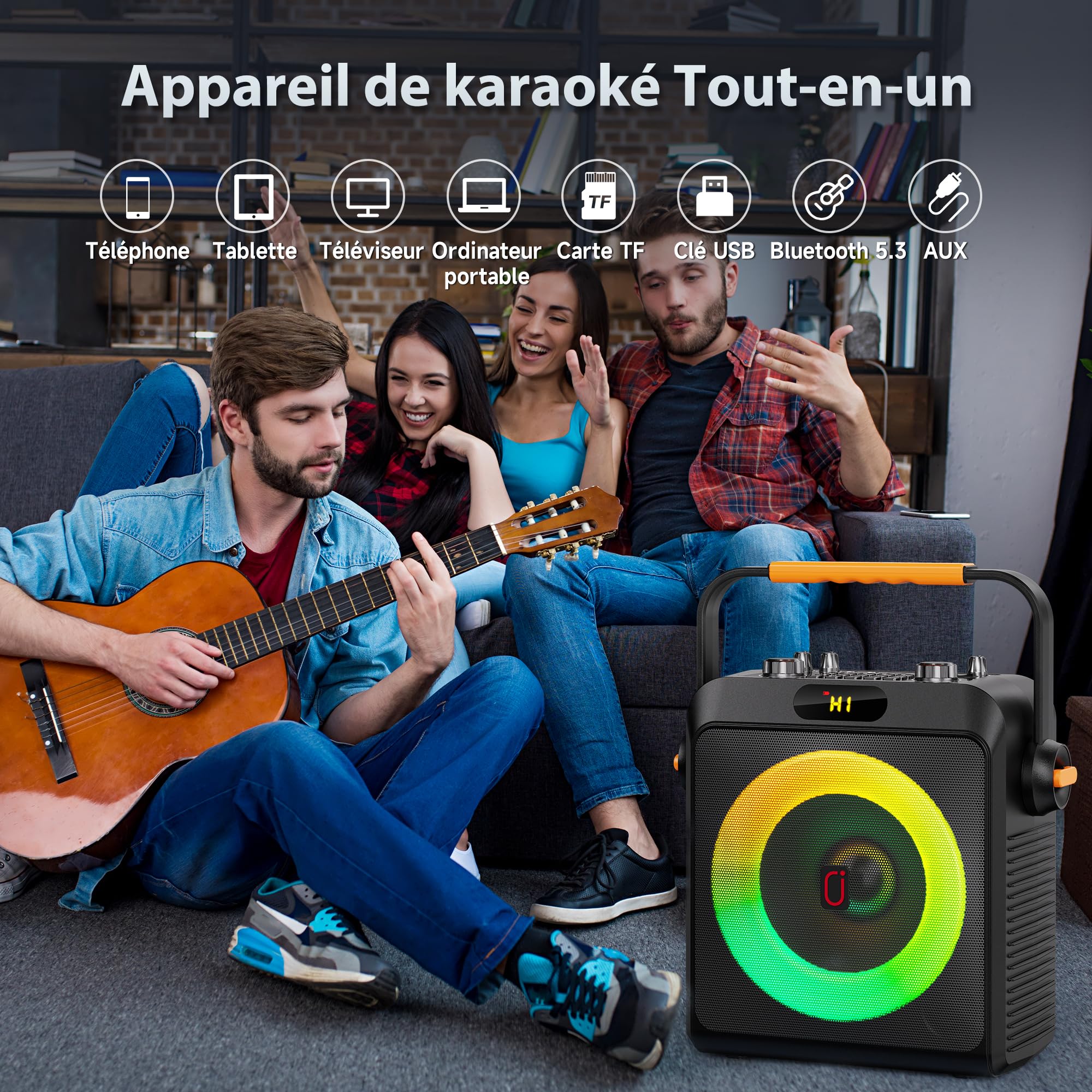 JYX Machine de Karaoké avec 2 Microphones sans Fil pour Adultes Enfants, TWS stéréo, 80 W Puissance Karaoke Professionnel avec 4 Mode Egaliseur Intégré, Karaoke Complete Supportant REC/AUX/USB/TF