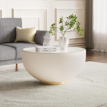 White Round Coffee Table, 27.56" Drum Coffee Table with Sintered Stone Tabletop and Fluted PU Leather Covered and Metal Base, Circle Cocktail Tea Table for Living Room