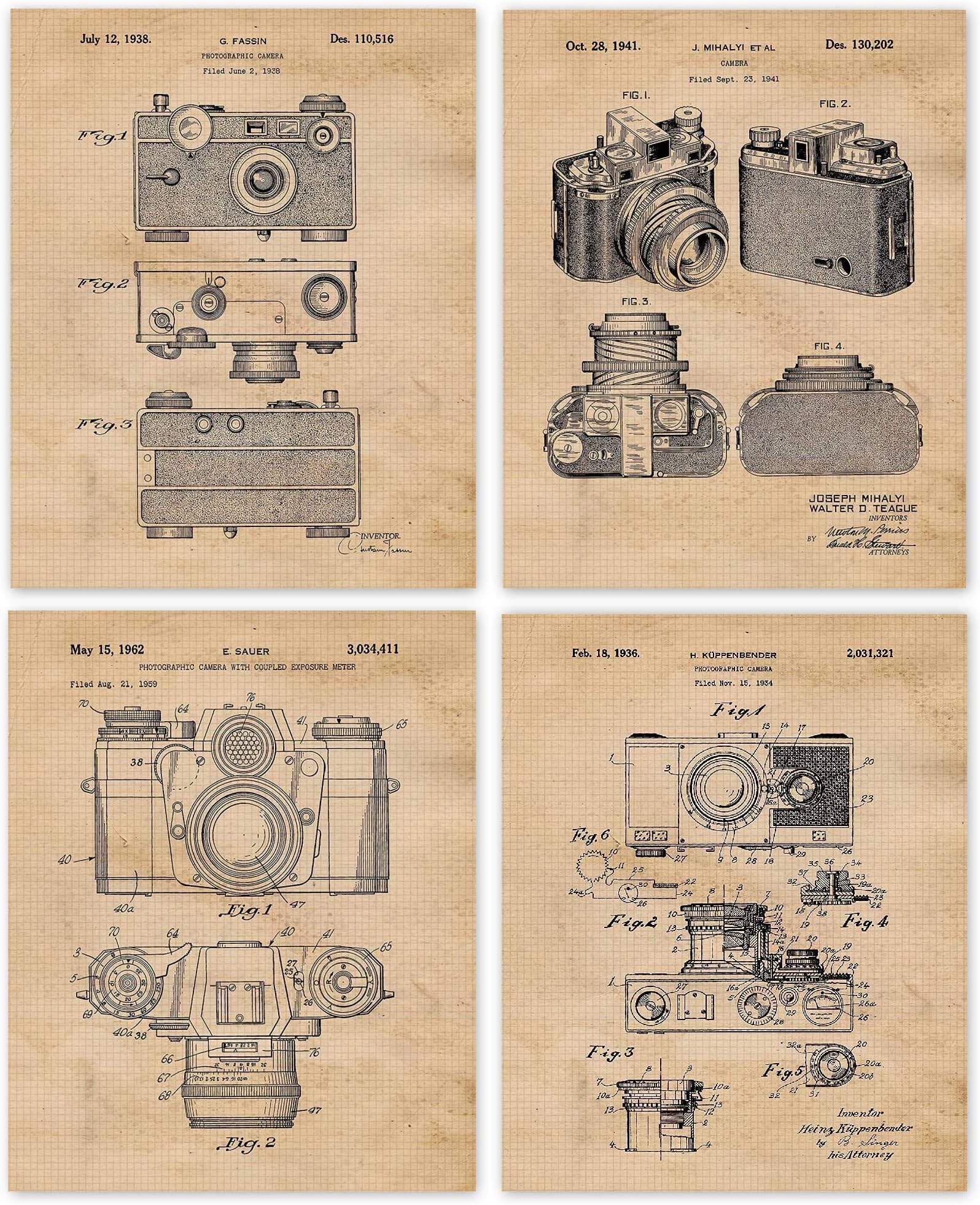 Classic Film Camera Patent Prints, 4 (8x10) Unframed Photos, Wall Art Decor Gift for Home Office Gears Garage Work Studio Lab School College Student Teacher Coach Photography Sports Champs Fans