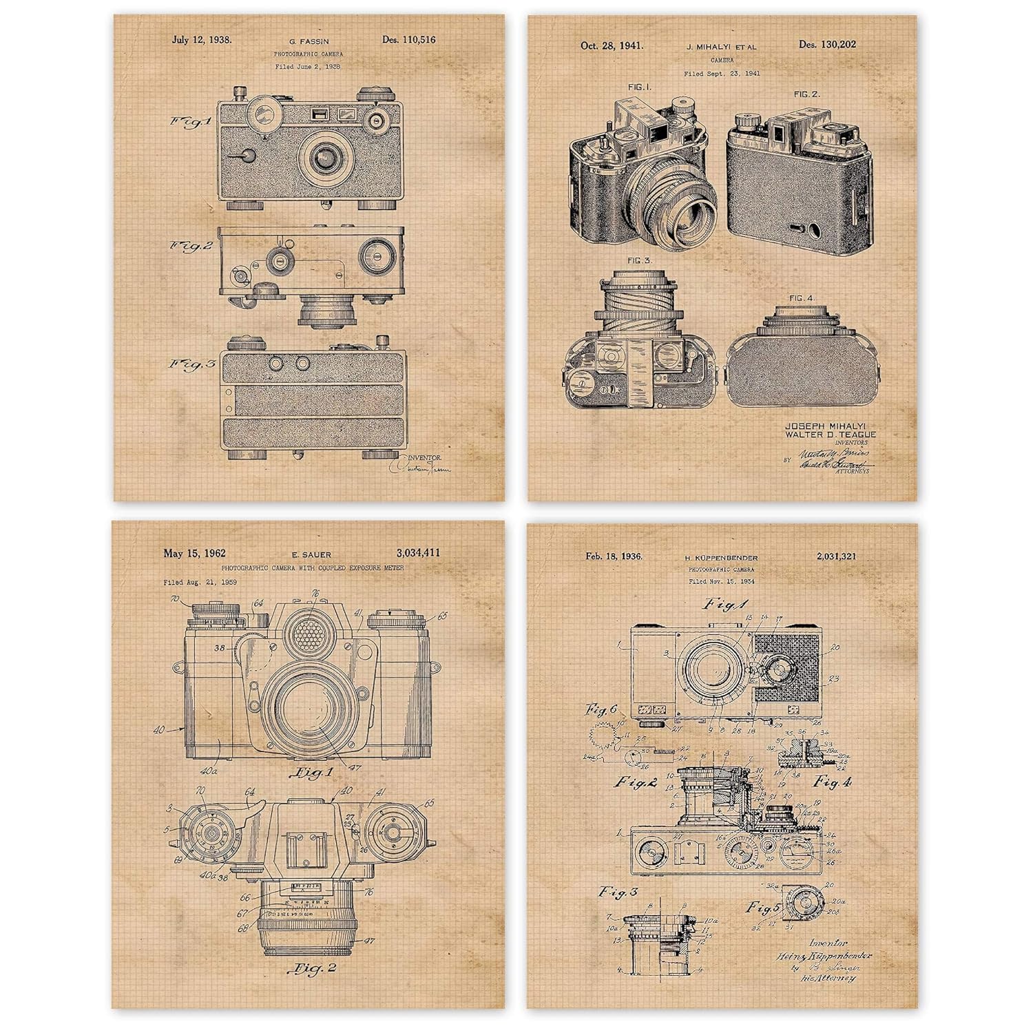 Vintage Classic Camera Patent Prints, 4 (8×10) Unframed Photos, Wall Art Decor Gifts Under 20 for Home Office Garage Man Cave Studio Lab School College Student Teacher Coach Photography Sports Champs