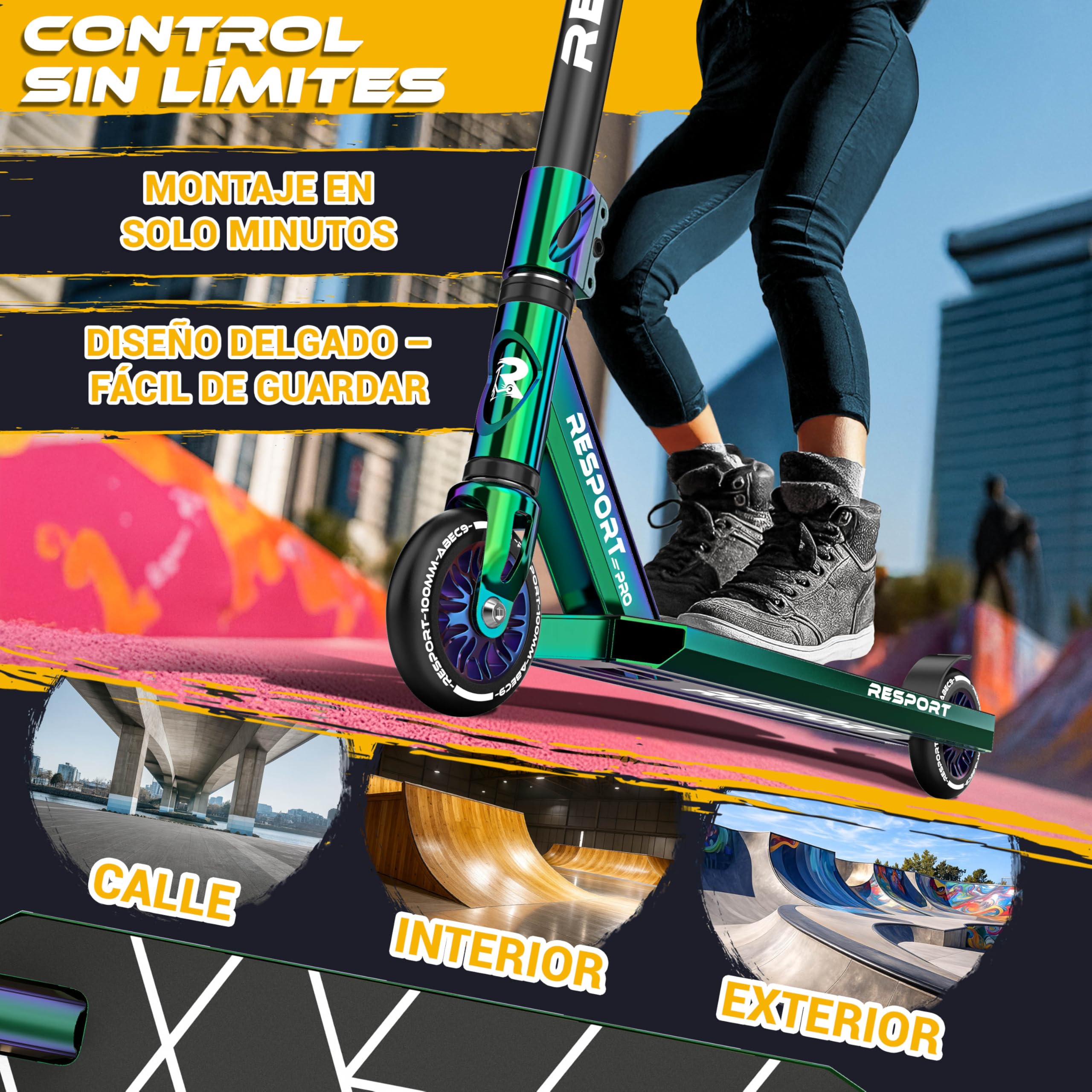 RE:SPORT Patinete de acrobacias Revo Pro para niños y adultos con soporte, patinete profesional de 110 mm, ruedas de poliuretano y barra en Y, patinete de acrobacias, patinete ABEC 9, rodamientos de — view 4