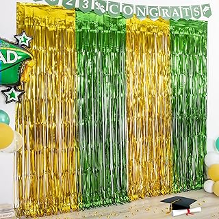 LOLStar 4 Pack Green and Gold Graduation Party Decoration 2022, 3.3x6.6 ft Foil Fringe Curtains, Tinsel Backdrop, Graduation Photo Booth Prop Streamer Backdrop for High School College University Party