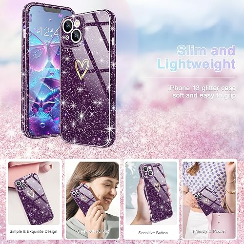 Miniatura 6 de Funda para iPhone 13, con 1 protector de pantalla de vidrio templado purpurina transparente Bonita funda brillante para teléfono a prueba de golpes,