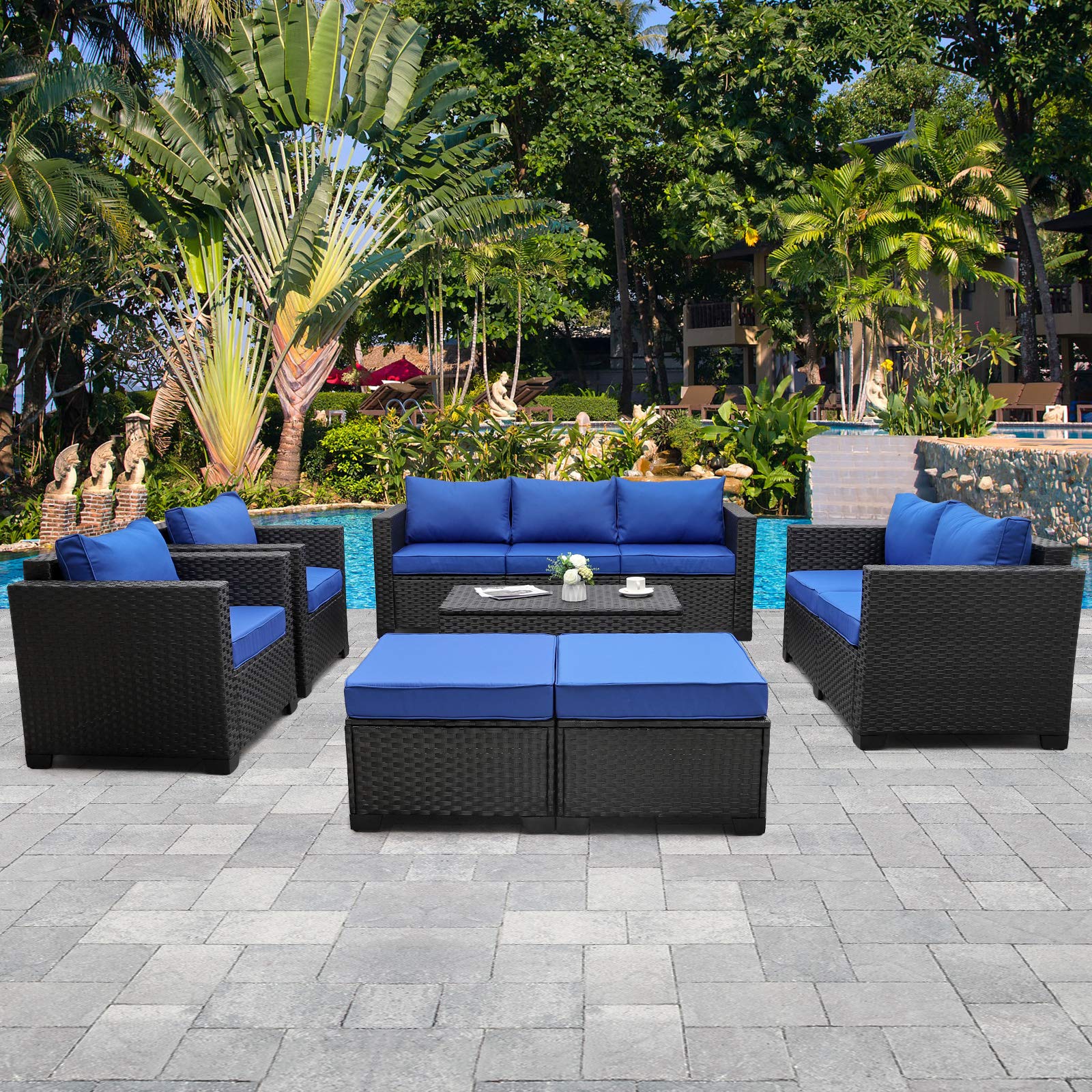 Rattaner Patio PE Wicker Furniture Set 7 Pieces Outdoor Black Rattan