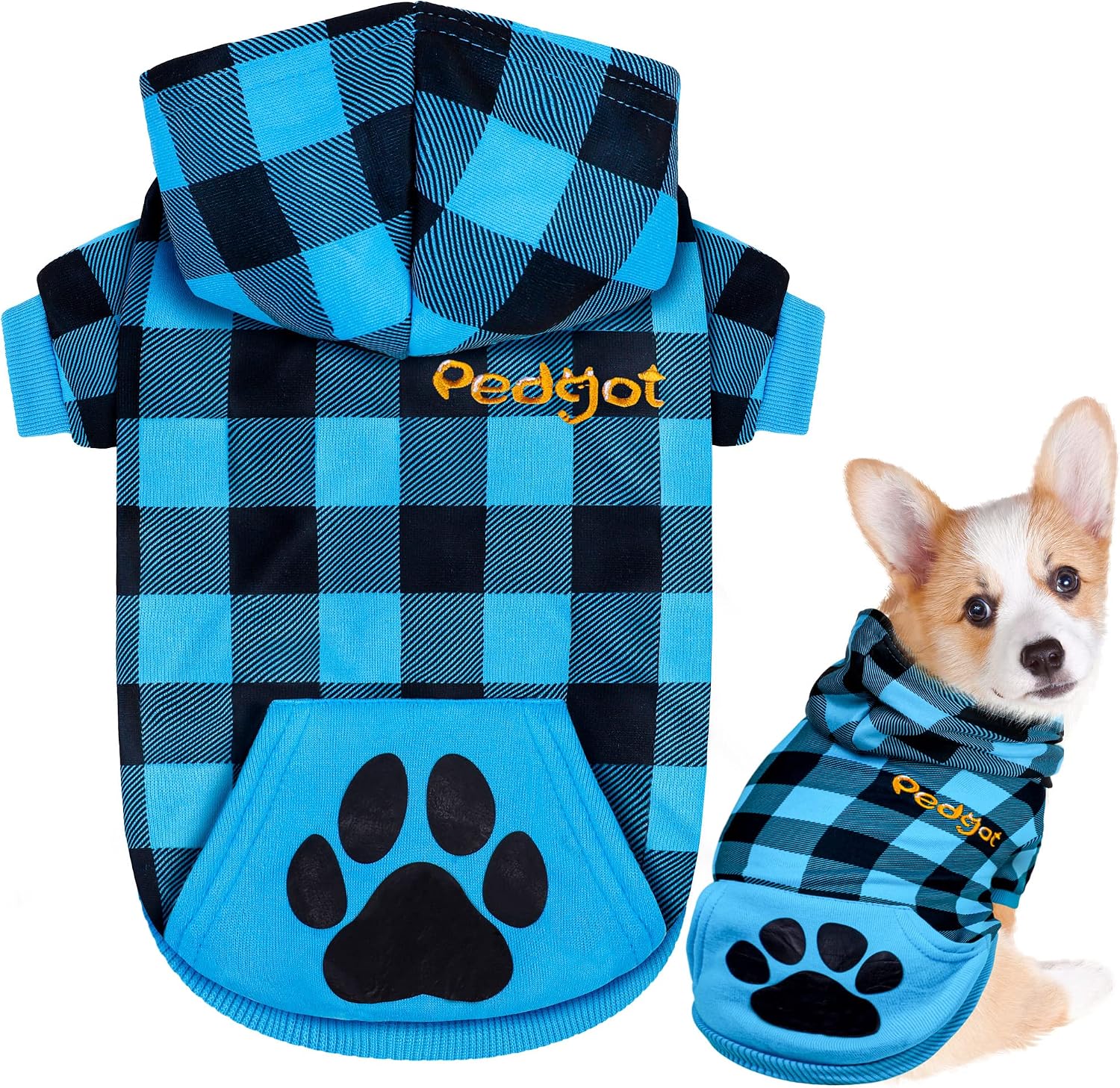 Pedgot Blue and Black Plaid Dog Hoodie Pet Clothes Sweater with Hat Pet Warm Coat Hooded Sweatshirt for Dogs Cat Puppy Clothes with Pocket, Warm, Soft and Breathable, Large