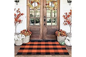 Vibrant Fall Porch Decor: Orange and Black Plaid Rug 28x43