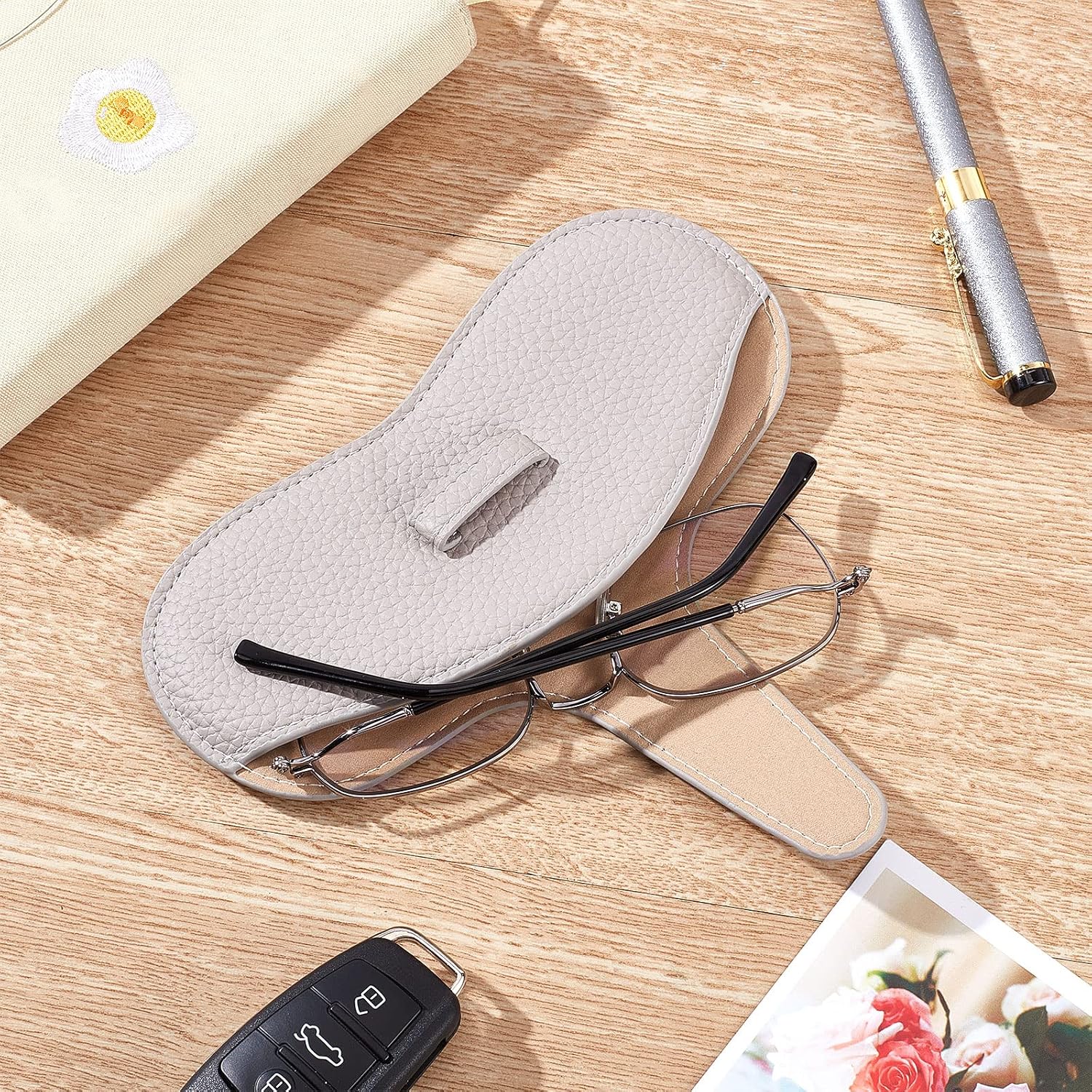 CREATCABIN Leather Glasses Case Slim Squeeze Top Sunglasses Pouch Lightweight Travel Portable Soft Eyeglasses Cover Holder with Suede Fiber Cleaning Cloth for Women Men Gray