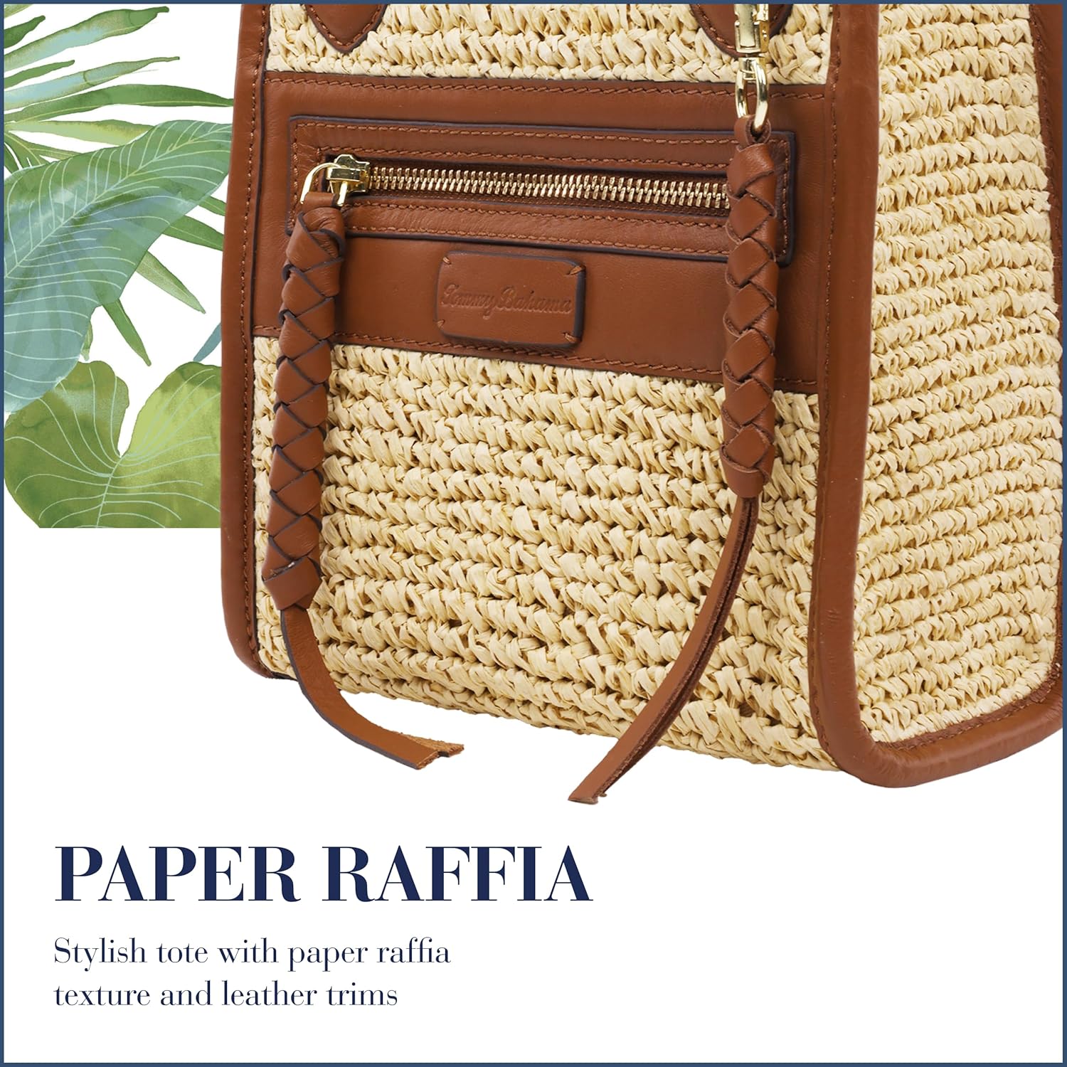 Tommy Bahama Raffia Tote Bag with Bamboo Handle, Structured Summer Handbag with Crossbody Strap, Beach and Resort Purse, Cognac and Natural