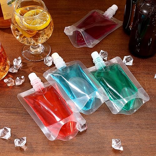 Miniatura 9 de Angoily 50 bolsas de bebidas de plástico de 3.4 fl oz con boquilla de plástico, bolsas transparentes para bebidas con tapa de boquilla, a prueba de