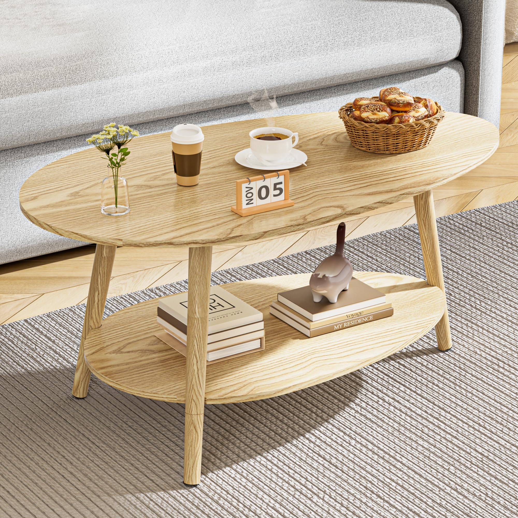 BonVache Oval Coffee Table,2-Tier Center Table with Storage Shelves, Tea Desk with Wood Legs,Small Desk for Small Space, Living Room Bedroom Apartment Home Office Nature — image 1