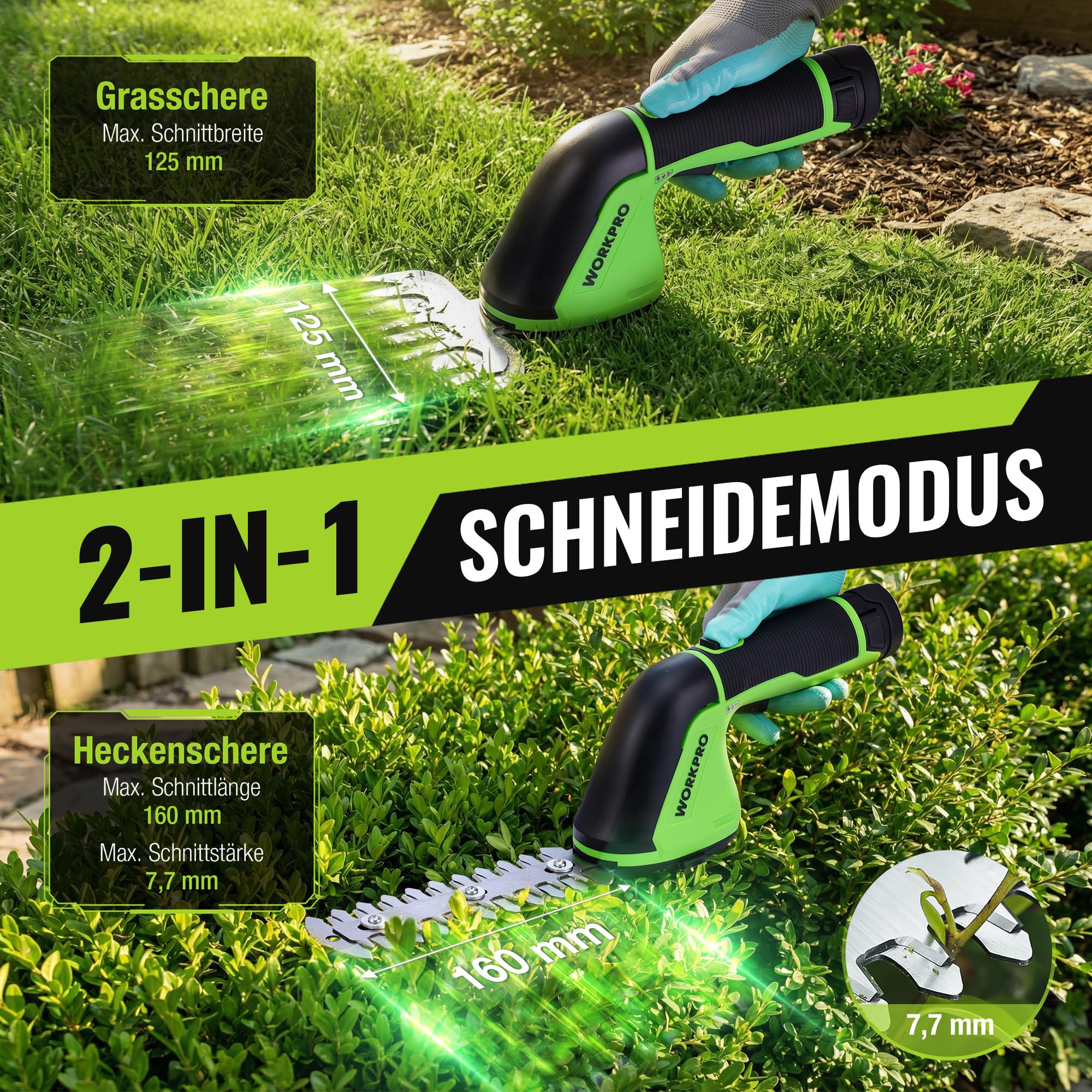 WORKPRO Gartenschere Akku 12V, 2 in 1 Gras- & Strauchschere mit 2 Messern | Schnittbreite 125 mm, Schnittlänge 160 mm, 2000 mAh Akku, Heckenschere Elektrisch für Rasenkanten, Strauchschnitt