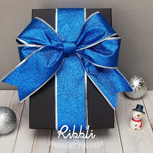 Miniatura 3 de Ribbli Cinta azul y plateada para árbol de Navidad, con alambre, purpurina, 6 rollos de 2.5 pulgadas, total de 36 yardas, para árbol, manualidades,