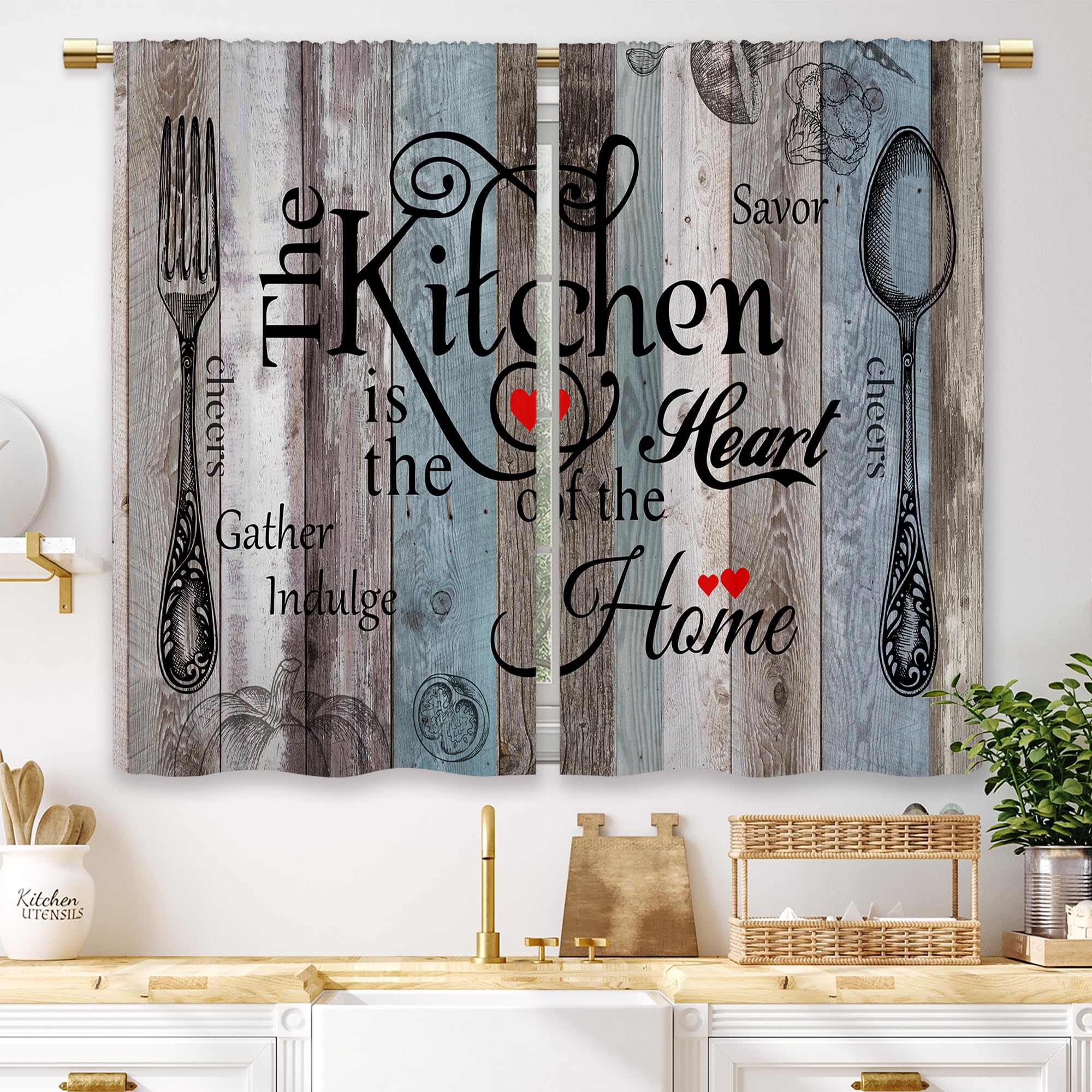 Laifzere Teal Blue Farmhouse Rustic Kitchen Curtains Wooden Wood Small Short Cafe Window Curtains Vintage Fork Spoon RetroBathroom Living Room Bedroom