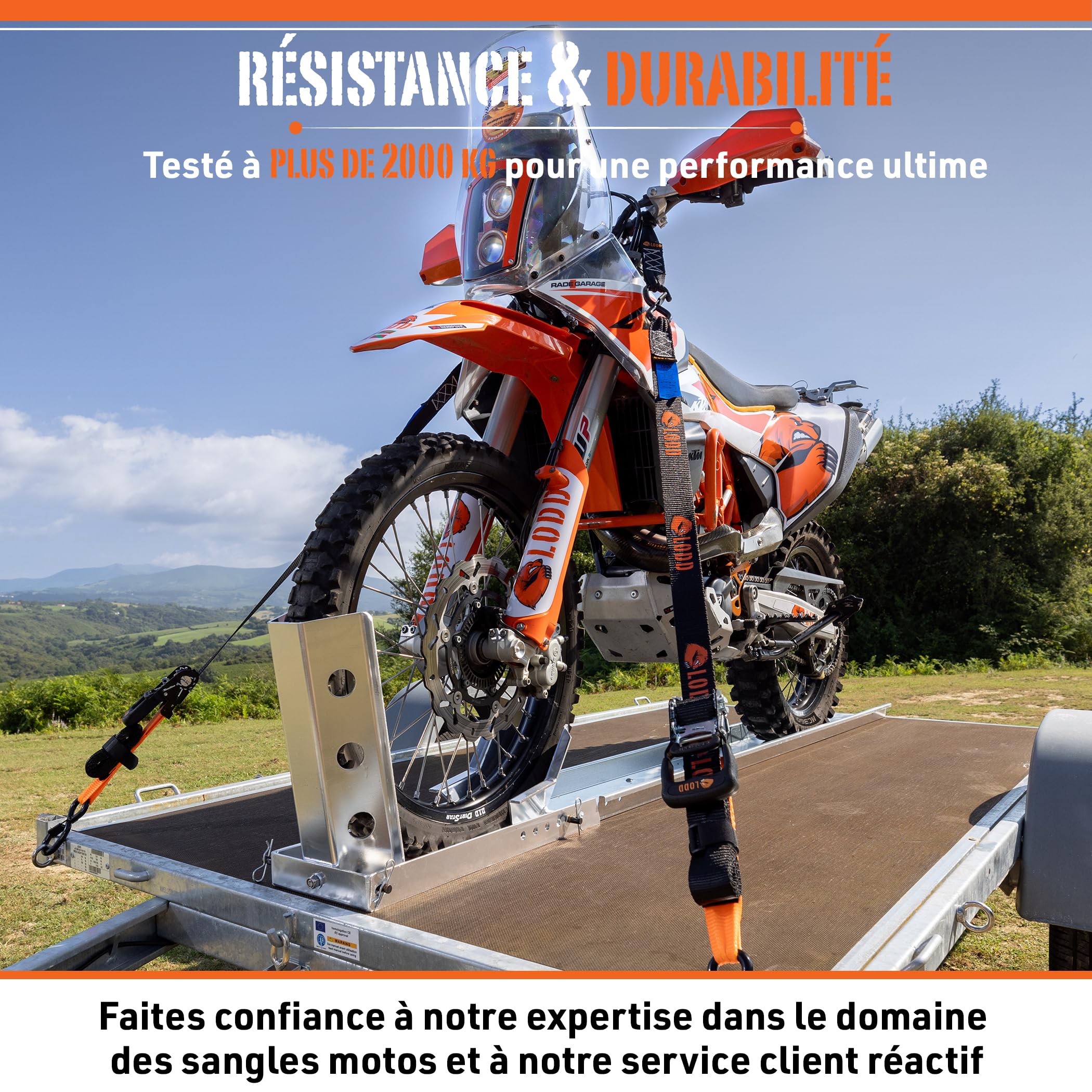 LODD - Lot de 2 Sangles d'Arrimage Moto à Cliquet 41mm x 3,4m - Crochets Sécurisés, Boucles Souples - Ultra Résistante 2000 kg - Idéal Moto, Quad, Remorque et Bateau - Sac de Transport Inclus