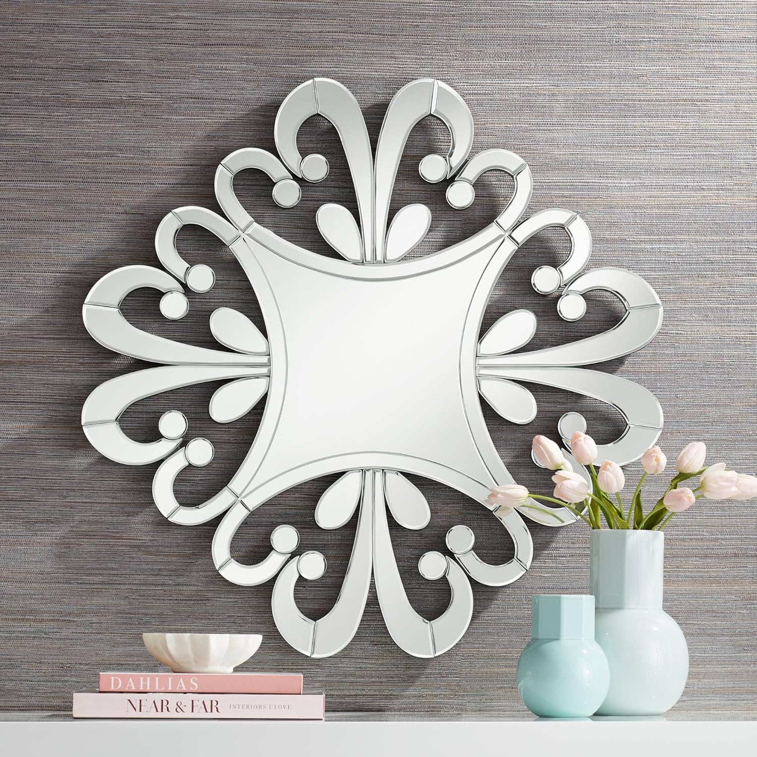 Possini Euro Design Soleil Square Starburst Vanity Decorative Wall Mirror Modern Cut Glass Pattern Frame Beveled Edge 31 1/2" Wide for Bathroom Bedroom Living Room Home House Office Entryway