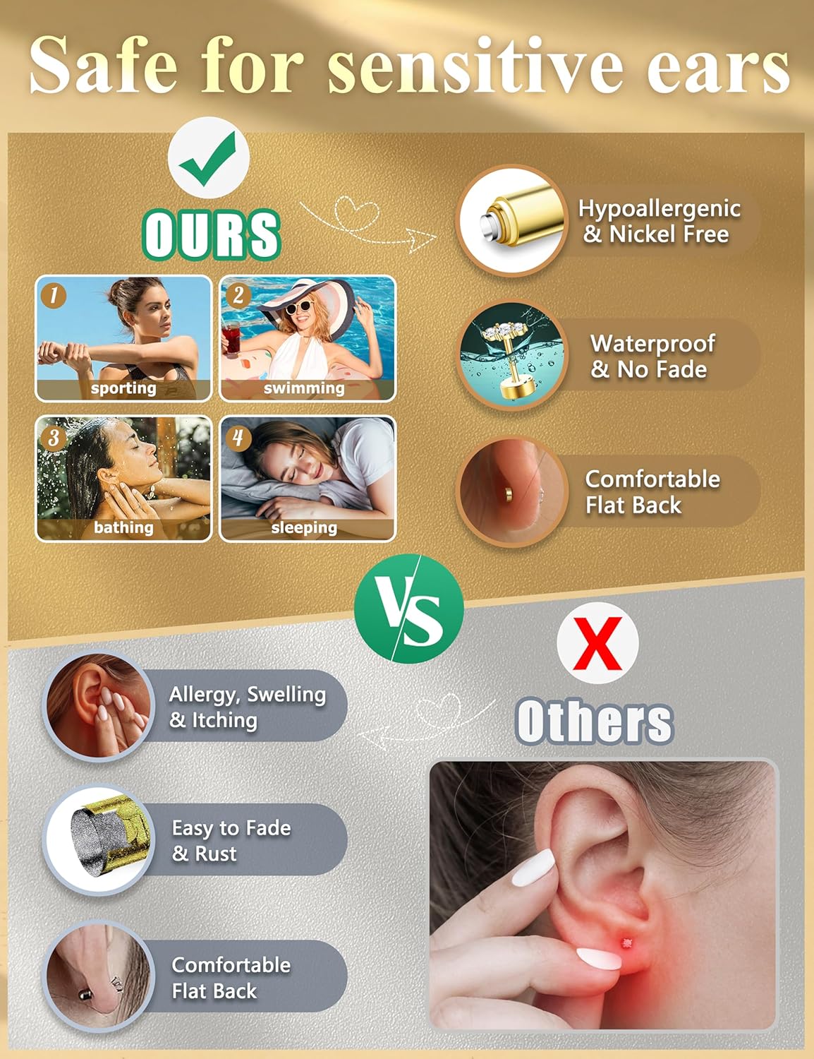 Dochais Hypoallergenic Flatback Stud Hoop 14K Gold Plated Earrings Stacks - Surgical Stainless Steel Earring Set Chain Cartilage Earrings - Small Ear Piercing Flat Back Earring for Women Trendy - Image 7