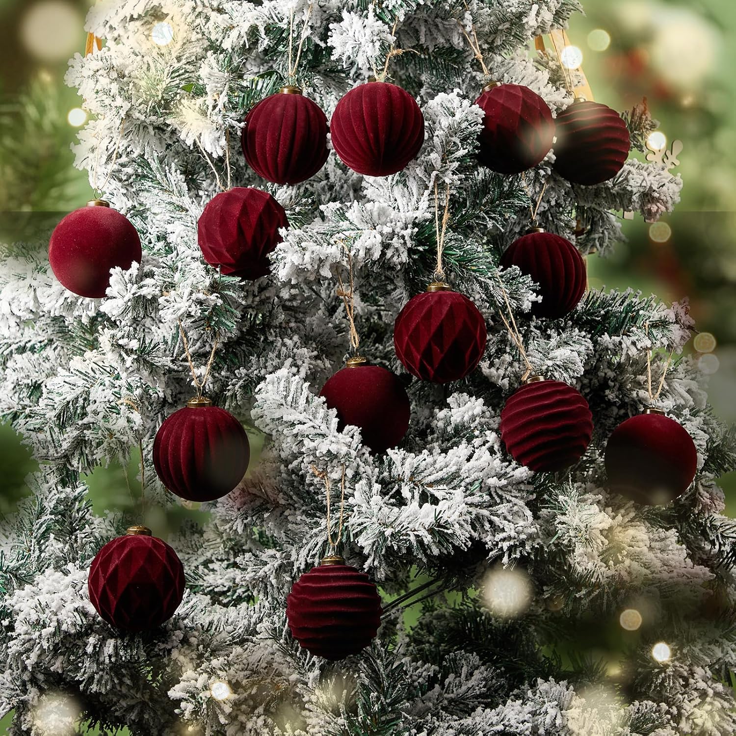 12 Pcs Light Scented Velvet Christmas Balls Bulk Winter Fir Scent Flocked Christmas Tree Ball Ornaments Hanging Baubles for Xmas Holiday Home Gift Yard Decor (Burgundy 3.15 Inch)