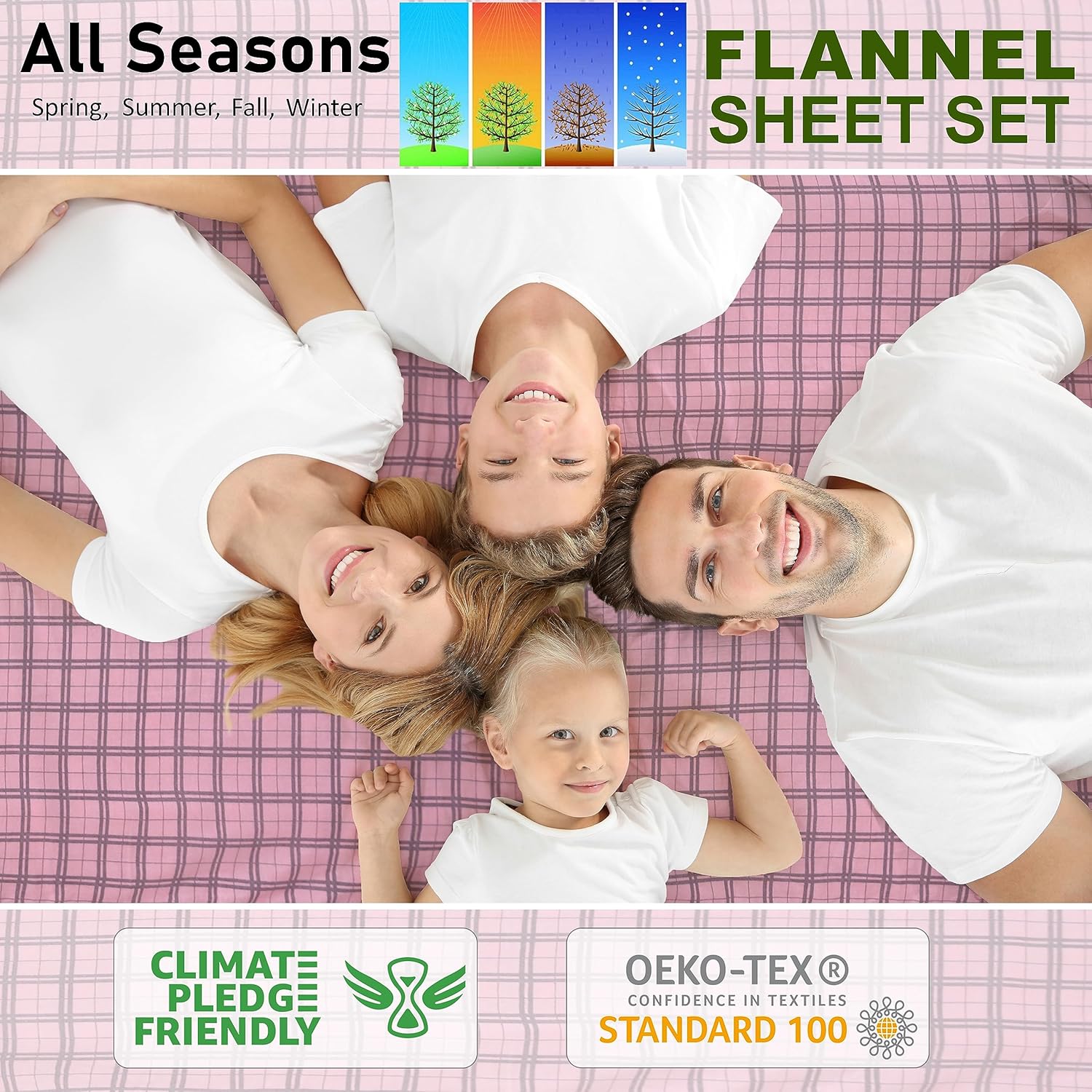 RUVANTI Flannel Sheets King Size - 100% Cotton Double Brushed King Size Sheets Set - Deep Pockets 16 Inches Bed Sheets - All Seasons Breathable & Extra Soft - Warm & Cozy, 4 Piece, Check & Bolt Pink - Image 6