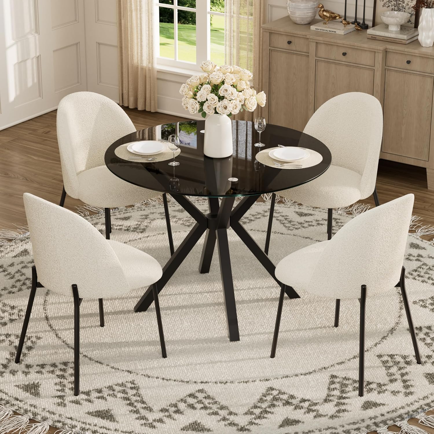 36" Round Black Glass Dining Table with 4 Boucle Upholstered Chairs, 5-Piece Modern Kitchen Table Set, Metal X-Leg Base, Round Backrest Accent Chairs for Small Spaces, Dining Room, Apartment