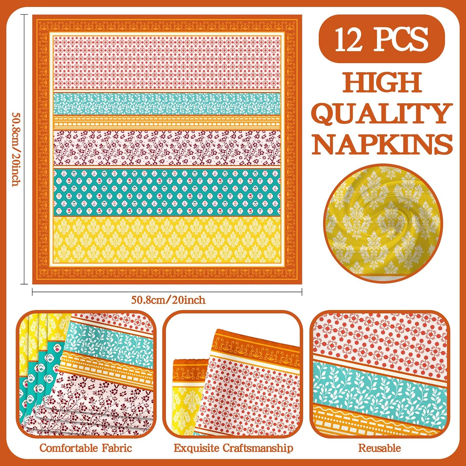 12 PCS Cloth Napkins 20 x 20 Inch Polyester Cotton Provence Floral Dinner Napkin Reusable Napkin with Hemmed Edges Washable Napkins for Wedding Party Restaurant Banquet Table Decorations