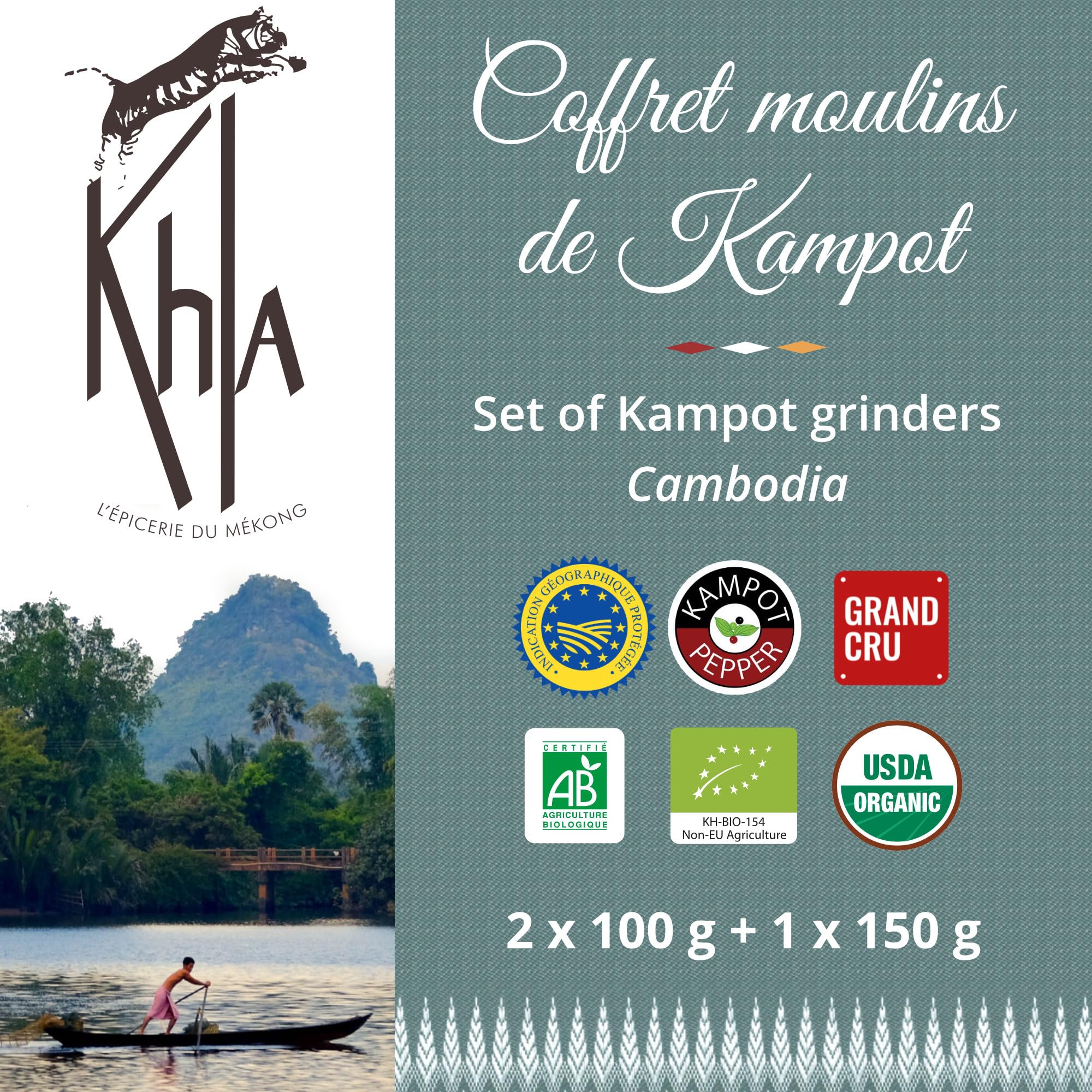 Khla - Coffret Moulins Poivres & Sel de Kampot - Coffret Cadeau - Poivre Noir, Poivre Blanc & Fleur de Sel - Grands Crus Rares - Poivre du Monde - Moulins Rechargeables - Origine Cambodge