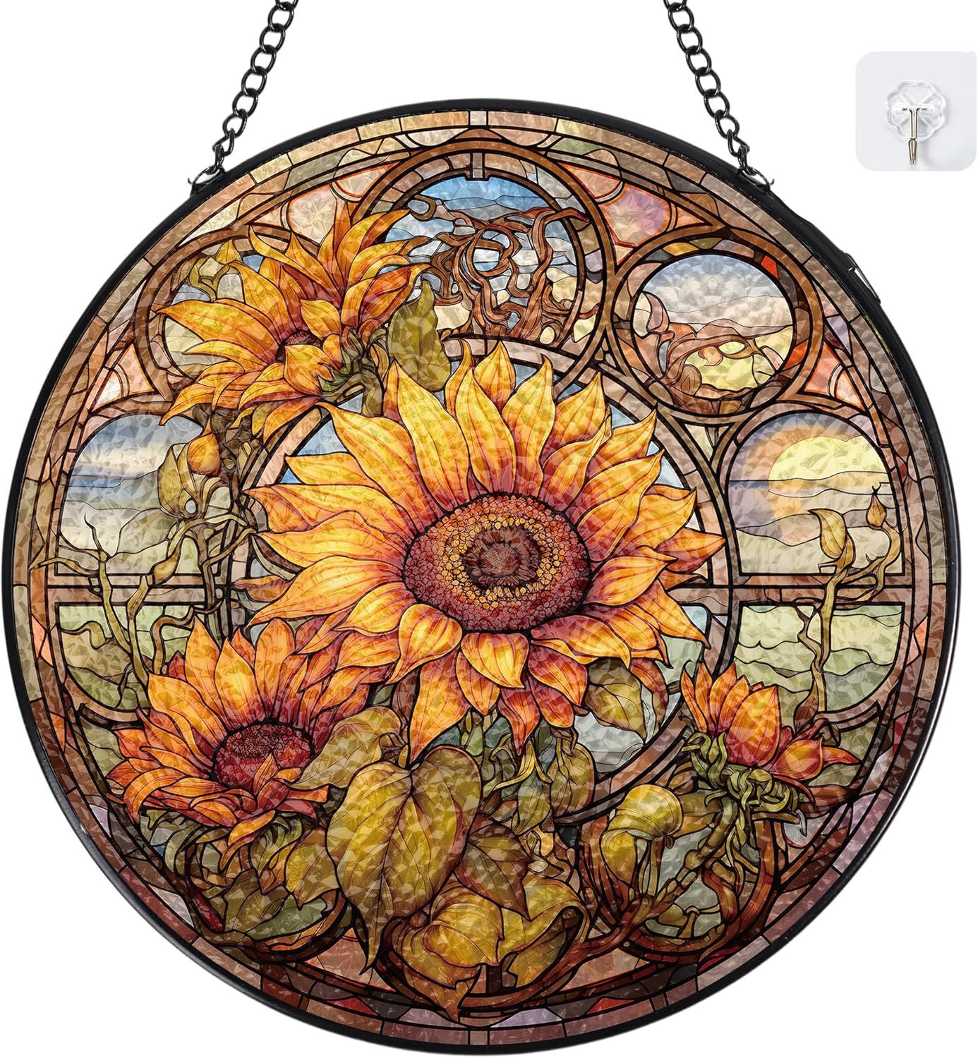 Sunflower Stained Glass Suncatchers - Window Hanging Decor Sun Panel with Chain and Hook for Indoor Wall Art Decoration Outdoor Garden Ornament Thanksgiving Christmas Birthday Gifts for Women - Image 2
