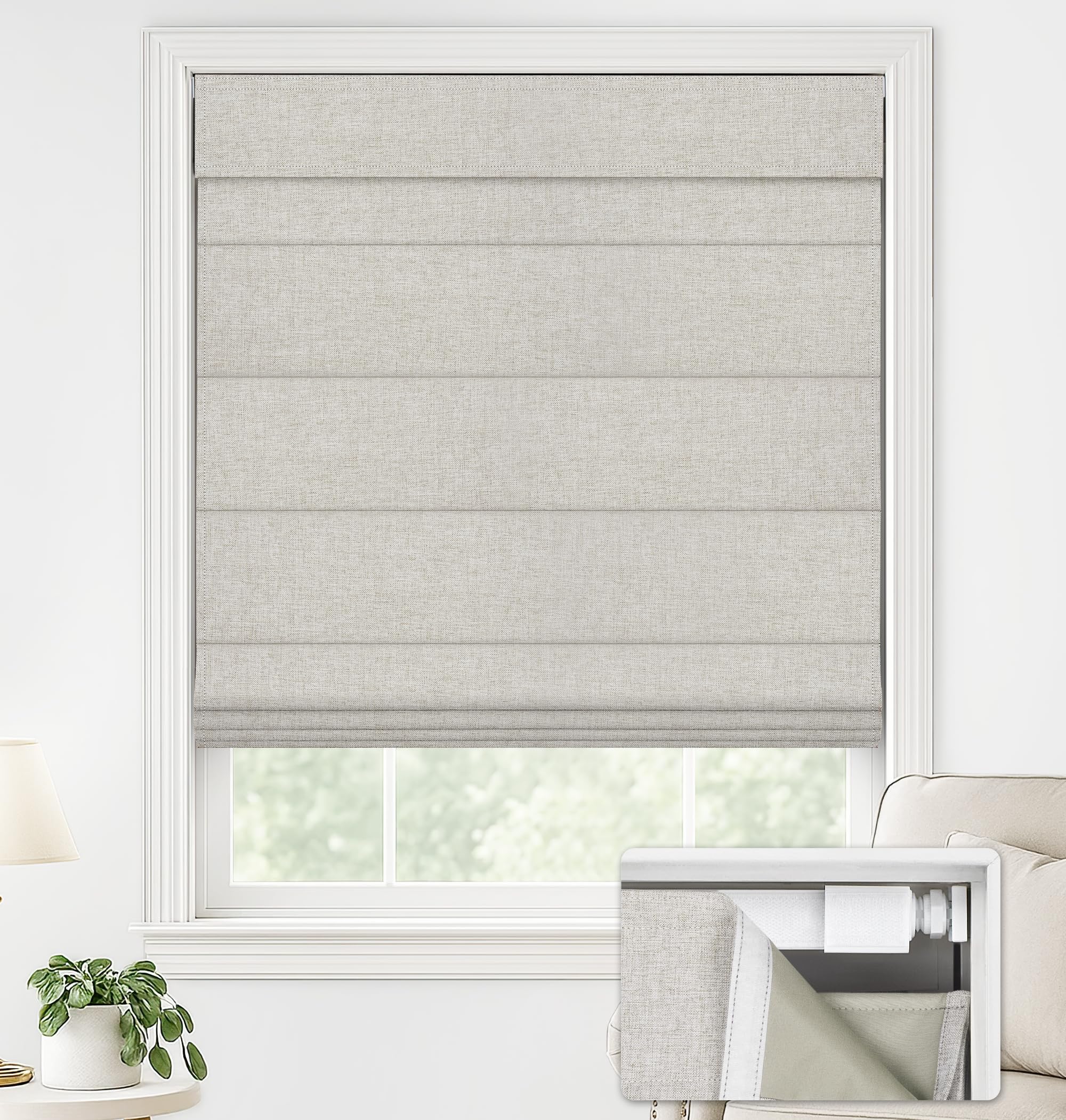 LazBlinds No Drill Roman Shades for Windows, Cordless Blackout Window Shades with UV Protection, Polyester Fabric for Bedroom & Living Room, 33" W x 64" H, Beige