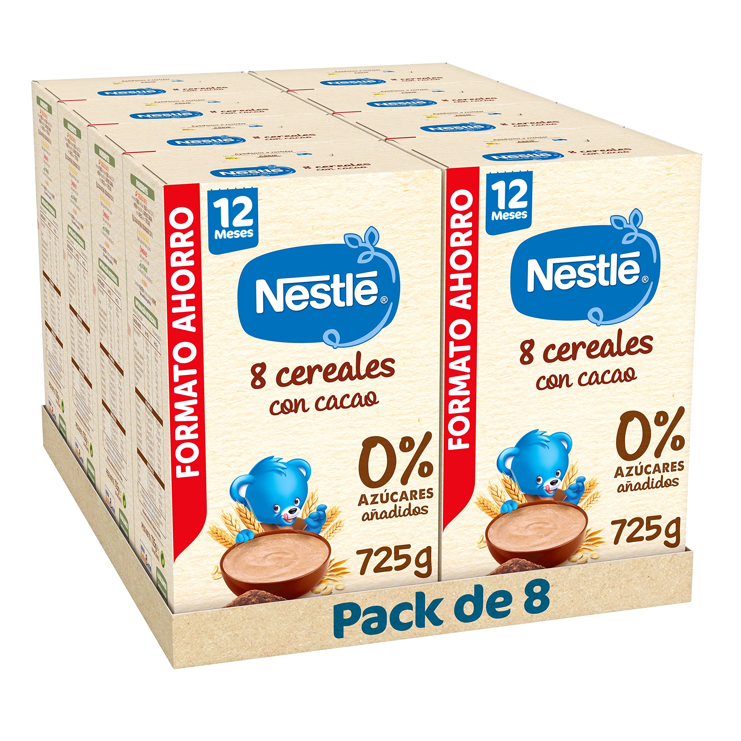 Nestlé Papilla 8 Cereales con Cacao sin Azúcares Añadidos 12 Meses 8x725g