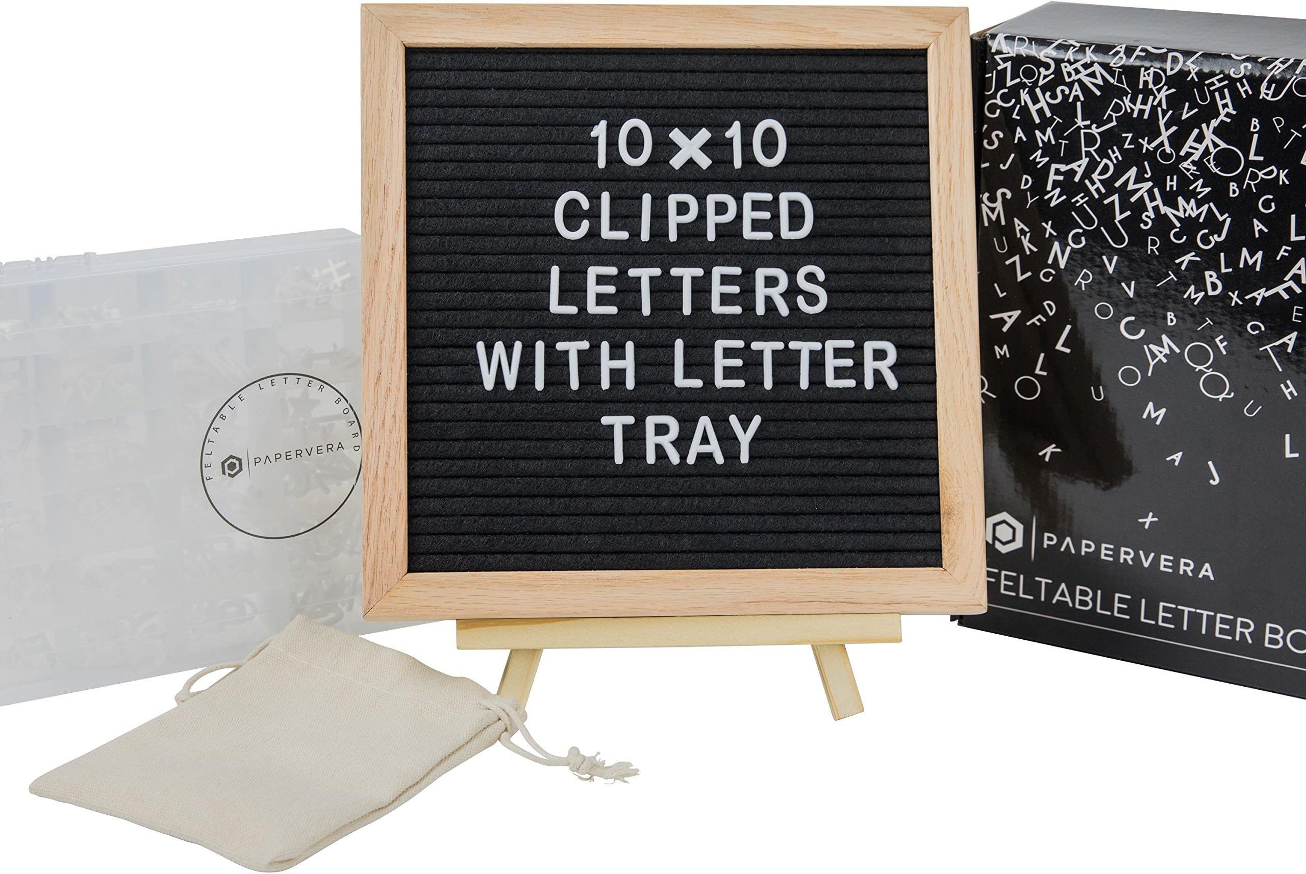Black Felt Letter Board Set 10X10-346 CLIPPED White Plastic Changeable Letters, Numbers and Symbols- Oak Wooden Frame, Wall Mount, Easel- Bonus Letters Organizer Tray+Letter Pouch|By Papervera