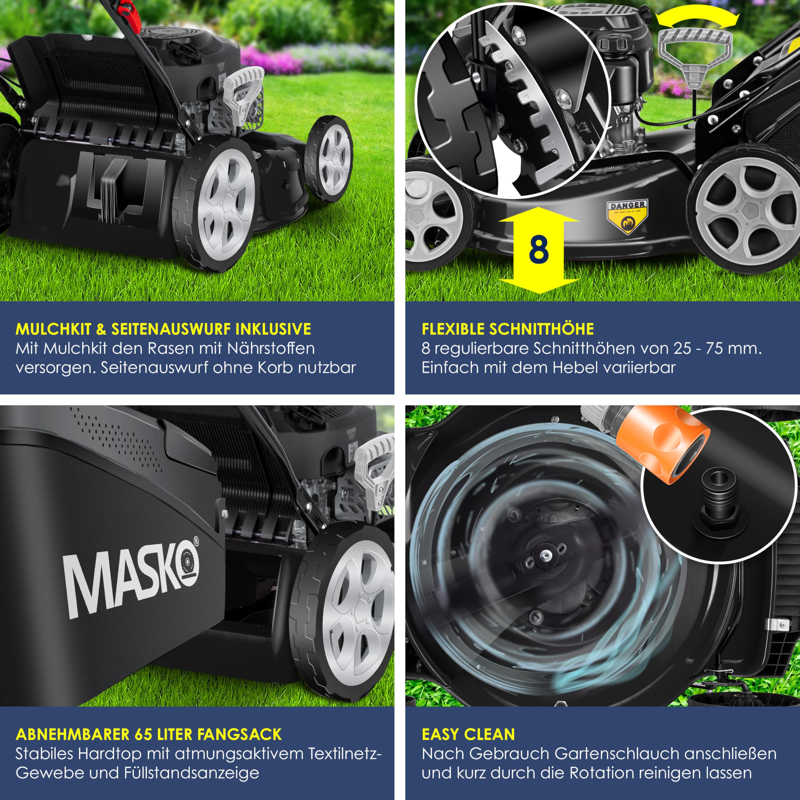 MASKO® Benzin Rasenmäher 5in1 | 51 cm Schnittbreite | 8- fache Schnitthöhenverstellung | 4 Takt OHV Motor 6,0 PS | 65 Liter Fangkorb| Inkl. Mulch- Kit, Seitenauswurf