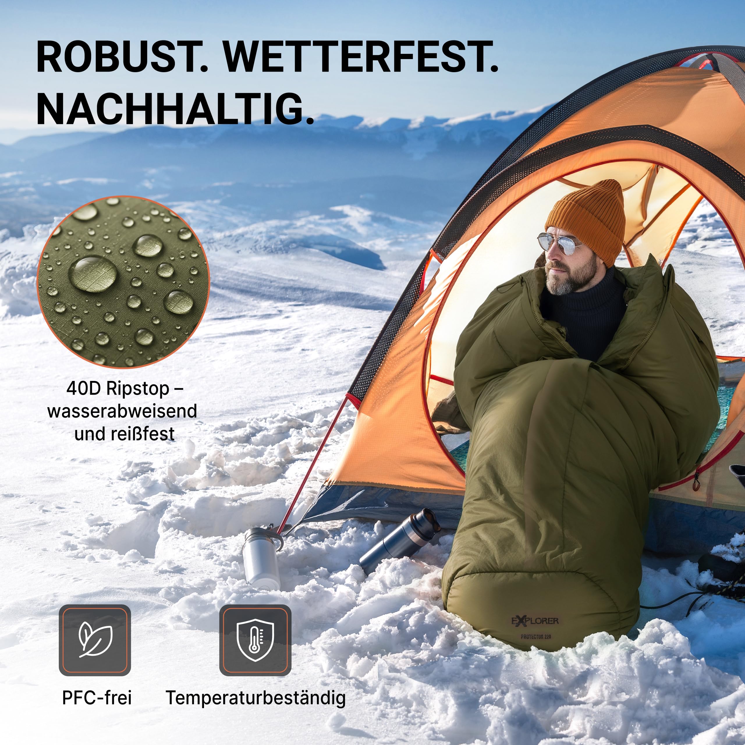 EXPLORER Beheizbarer Schlafsack | Protector 220 | (3-Stufen Heizung) | XXL Winterschlafsack 220x80cm | Extrem bis -32,9°C (450GSM) | BW Military Biwak Olivgrün für Camping, Angeln & Survival