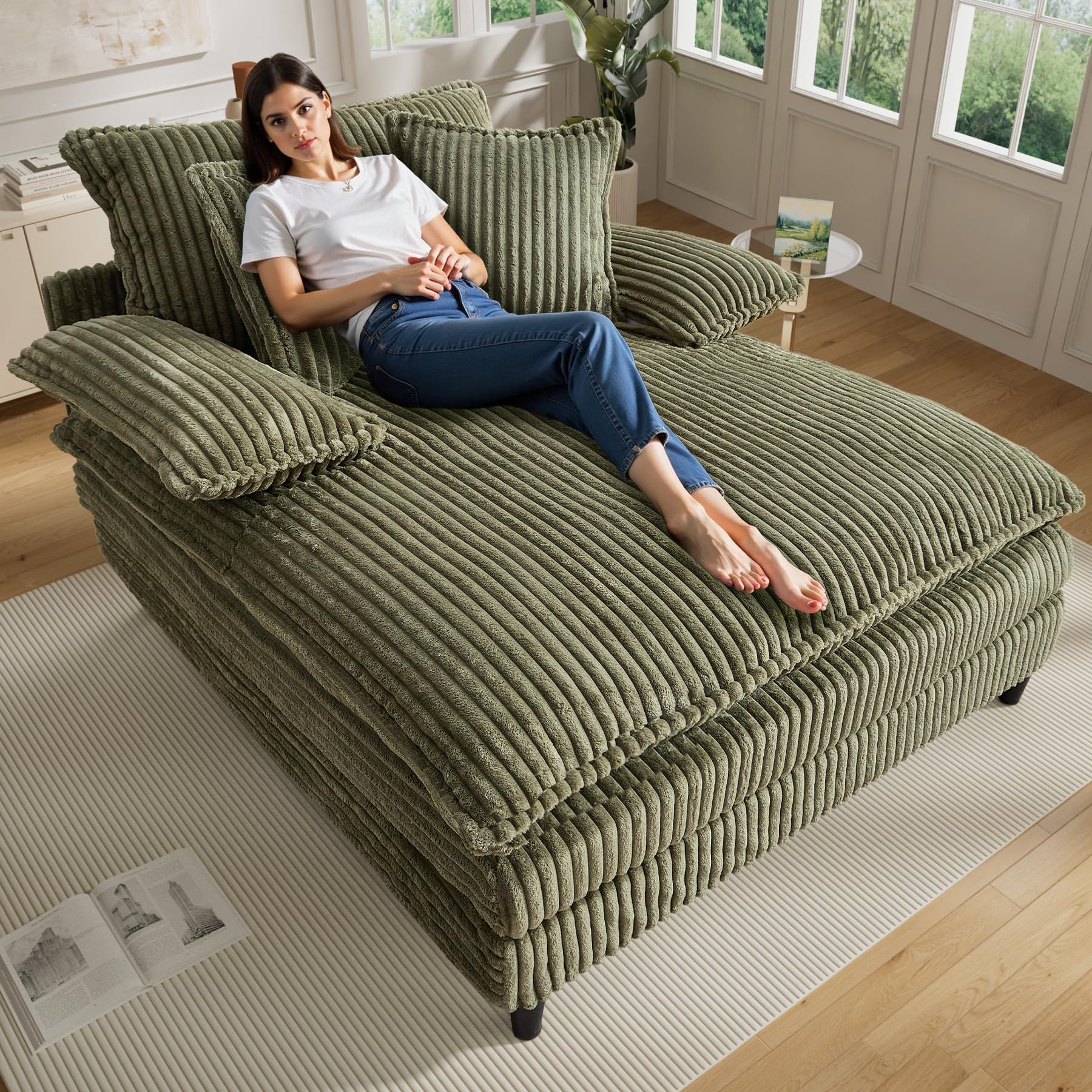 Rophefx 57.08" W Oversized Chaise Lounge Chair Indoor, Corduroy Upholstered Sofa Couch with 3 Pillows, 90°-180°Adjust, Fluffy Cloud Reading Chair,