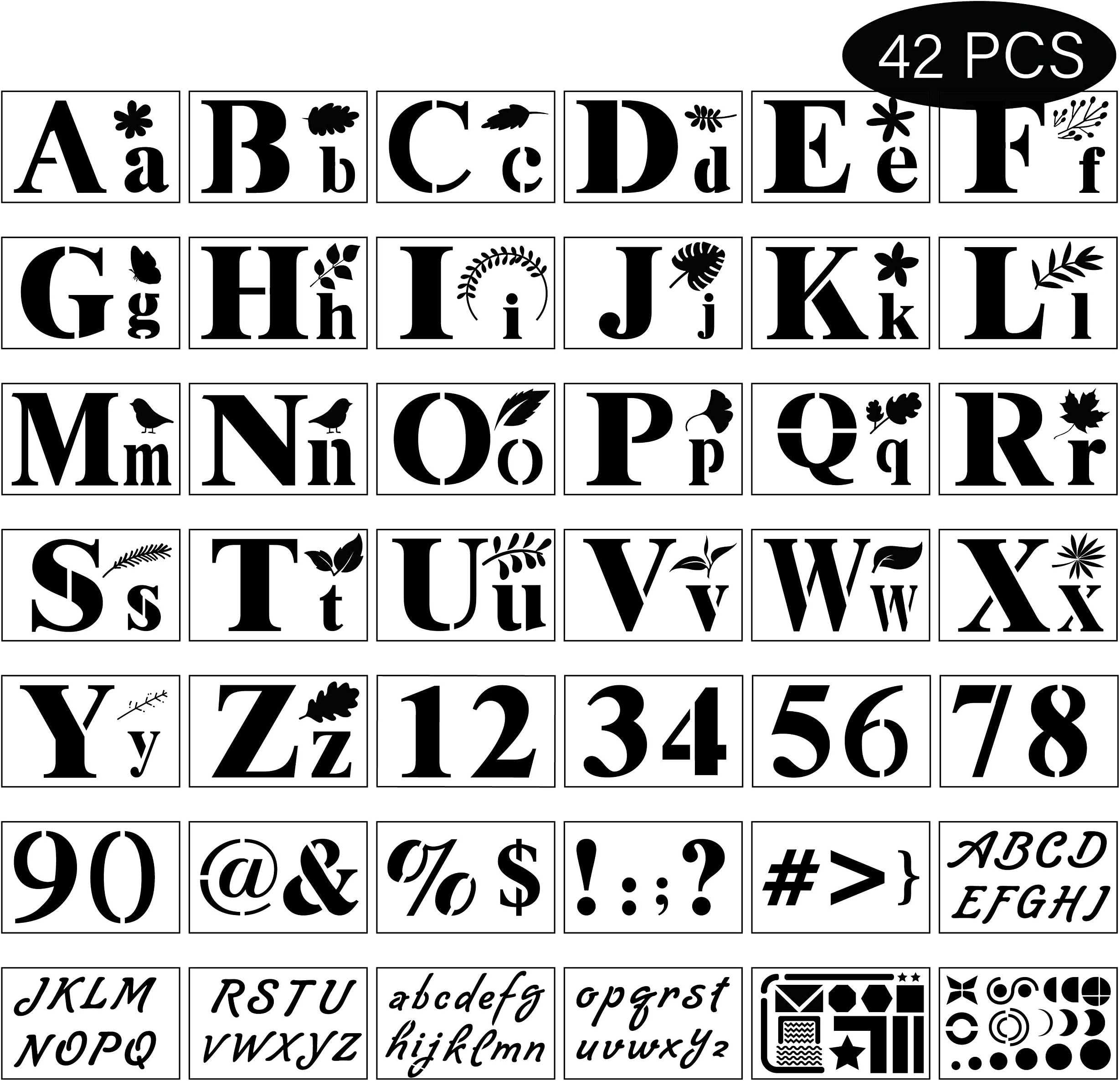 Lesnala Letter Stencils for Painting on Wood Alphabet Flowers Leaves Geometric Reusable Plastic Art Craft Stencils for Painting & Drawing Art Drawing Craft DIY Writing Wood Burning & Wall Art