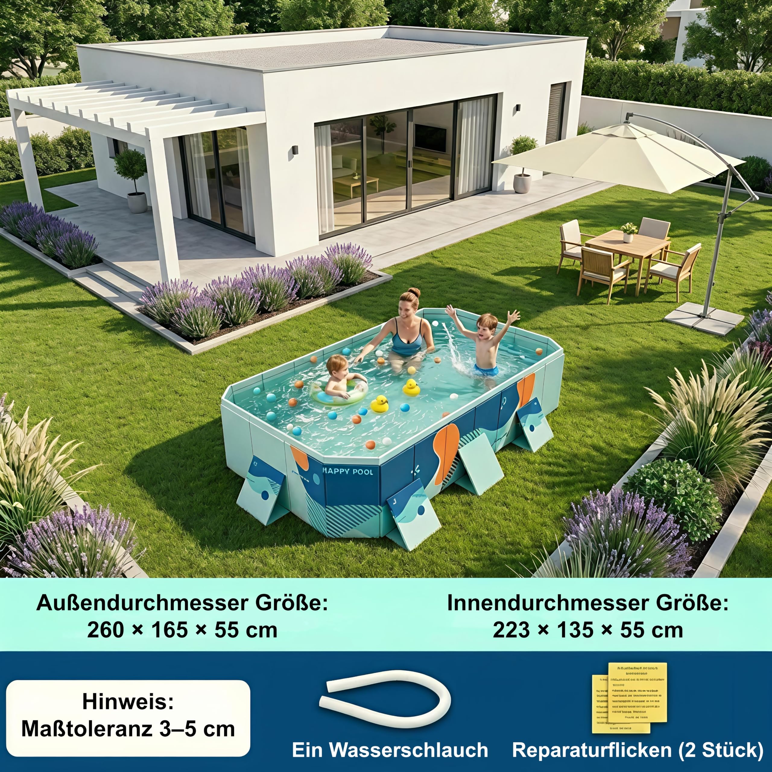 Piscina plegable Piscina portátil no inflable piscina piscina piscina de PVC antideslizante engrosada para jugar con perros y mascotas Piscina infantil grande interior y exterior 2,6 m