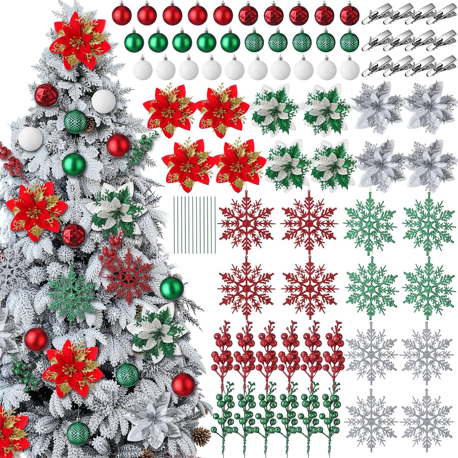 84 Pcs Christmas Tree Decorations Set Christmas Tree Ball Ornaments Holiday Glitter Poinsettia Flowers Decorations Glitter Berries Stems with Clips Artificial Poinsettia for Holiday Part Home Decor