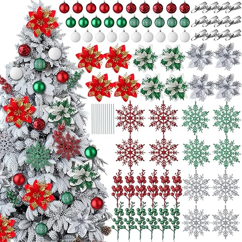 Juego de 84 piezas de decoración para árbol de Navidad, adornos de bolas de árbol de Navidad, decoraciones de flores de Pascua con purpurina, tallos