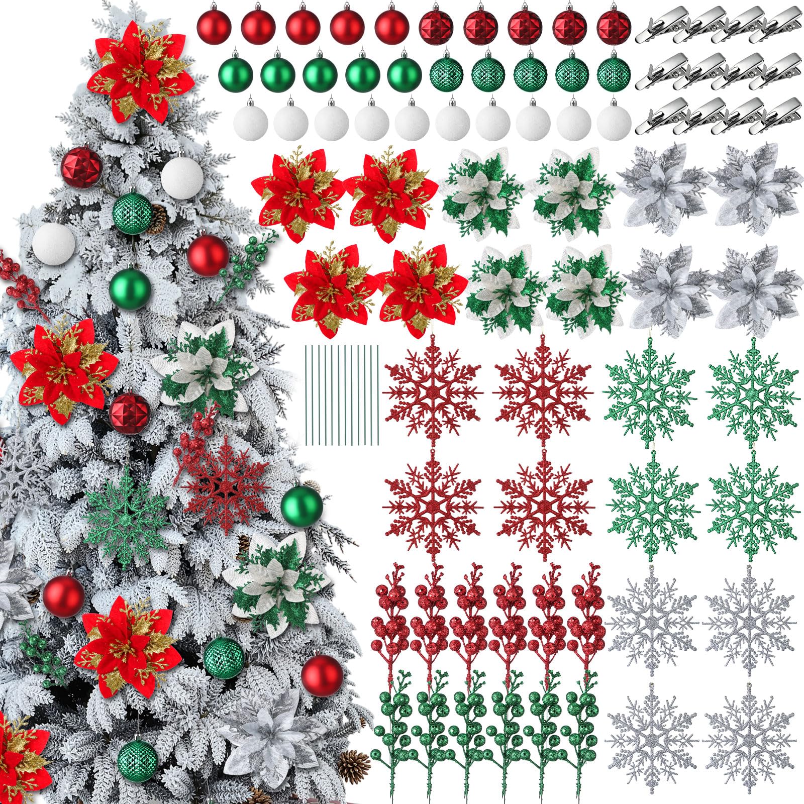 Künstliche Weihnachtssterne, Weihnachtsstern, Weihnachtsbaumschmuck, Glitzer, Weihnachtssterne, Blumen mit Clips, Stiele, Beerenspieße, Kugel, hängende Weihnachtskugeln für