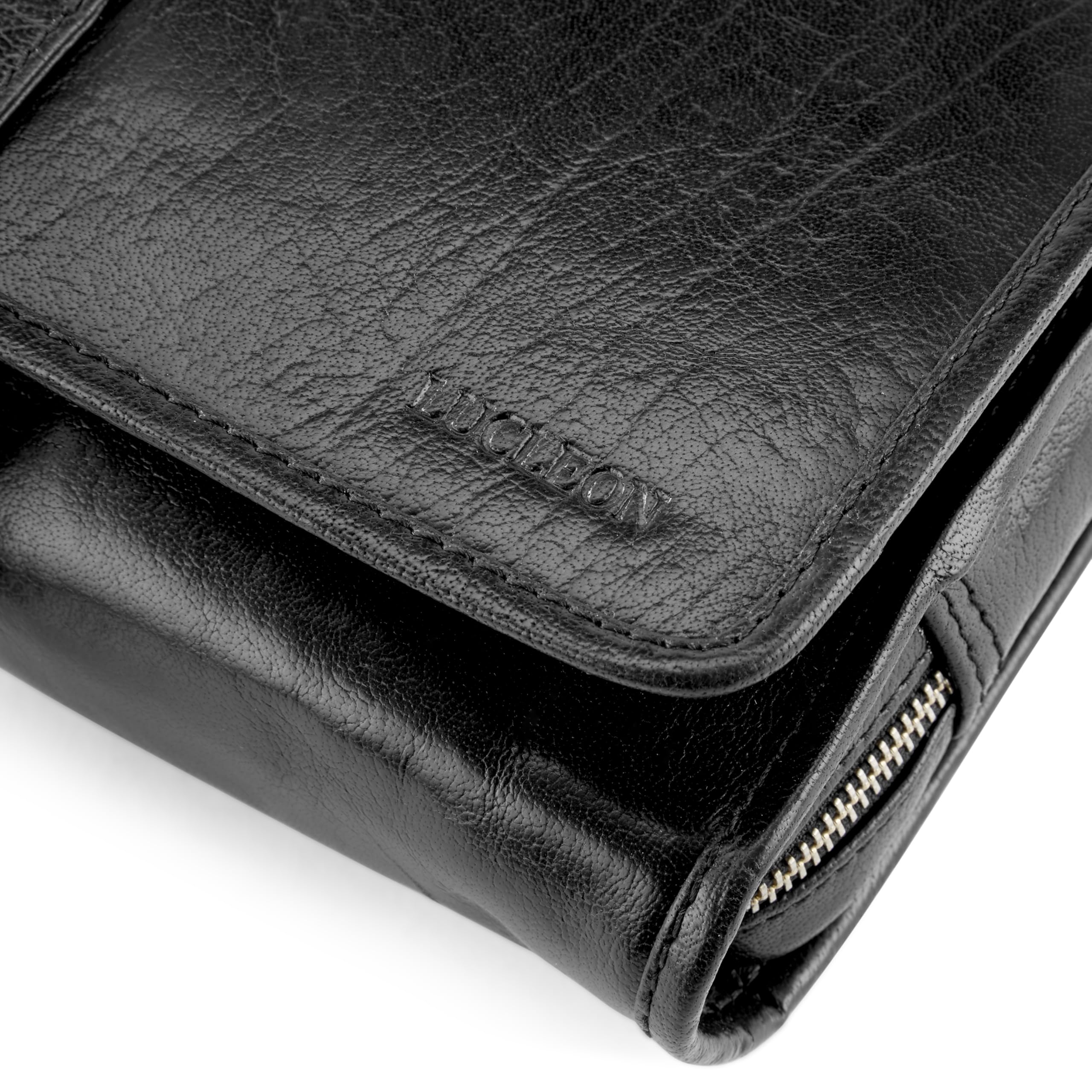 Lucleon by Trendhim - Neceser colgante de piel para hombre, espacioso neceser de piel auténtica con acabado de anilina y forro de algodón, gancho para colgar, elegante diseño danés para viajes, Black