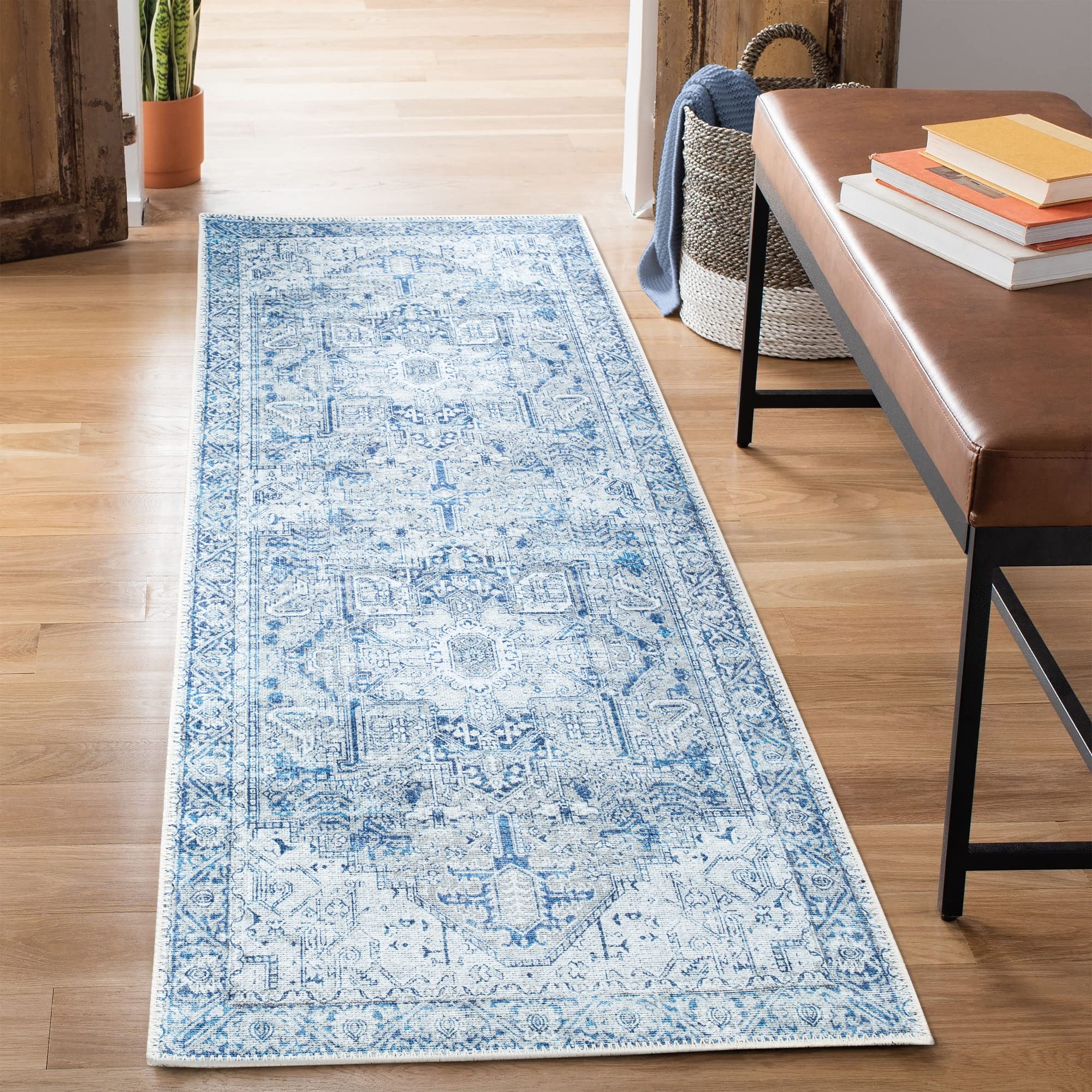 Bloom Rugs Washable Non-Slip 10 ft Runner - Blue/Gray Traditional Runner for Entryway, Hallway, Bathroom, and Kitchen - Exact Size: 2.5' x 10'