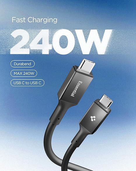 Spigen USB-C to USB-C 1.2 Metre Kablo 240W Güç/PPS 2.0 Super Hızlı Şarj / 40Gbps (E-Marker Çip) Data / 8K Görüntü Aktarım / USB4 Gen3 Type-C Ekstra Dayanıklı Siyah - ACA09461 (Spigen TR Garantili)