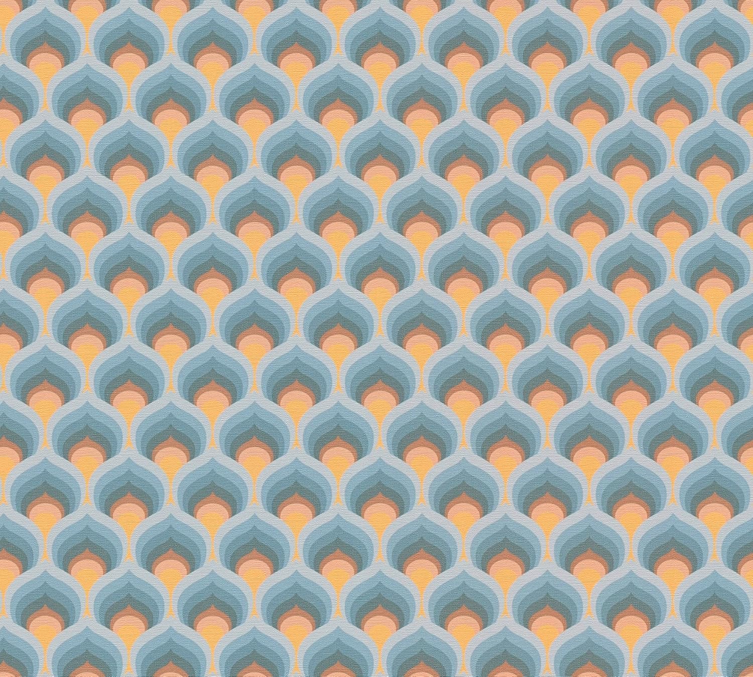 A.S. Création Retro Wallpaper 70s Vintage Graphic Blue Brown Yellow Cream Light Blue Non-Woven Wallpaper Retro Chic 395383 8.50 m x 0.53 m - Made in Germany