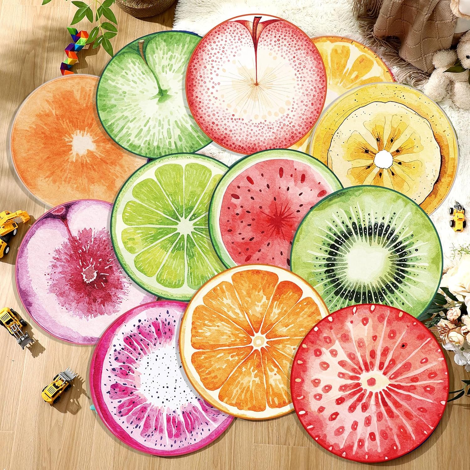 12 PCS Carpet Circle Seats for Classroom Watercolor Fruit 16" Classroom Round Rug Non Slip Floor Mats Soft Thin Circle Time Mat for School Learning Playing Areas Group Activity Decor