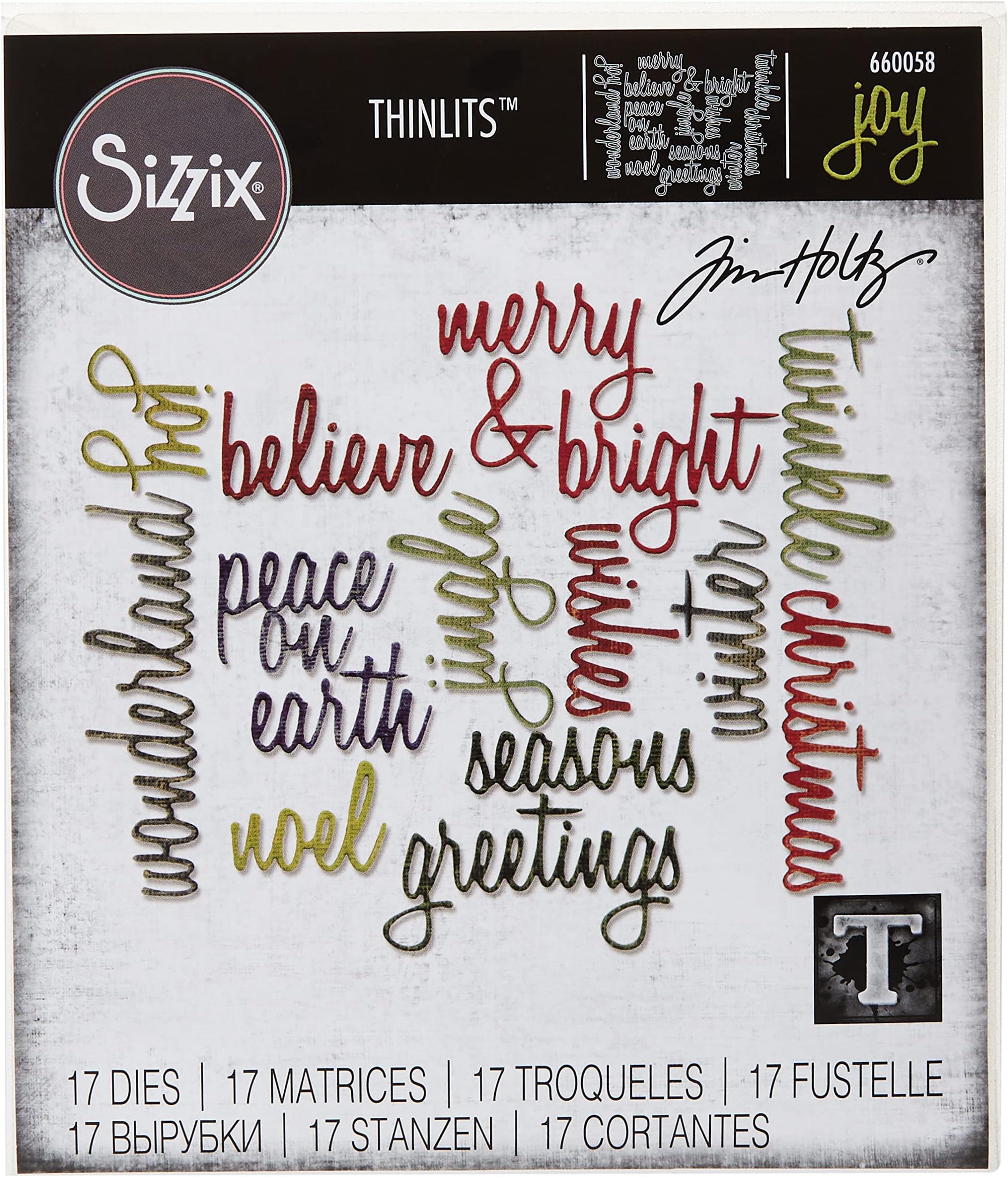 Sizzix, Holiday Words Thinlits Die Set , Script by Tim Holtz, 17 Pack, Multi Color, One Size