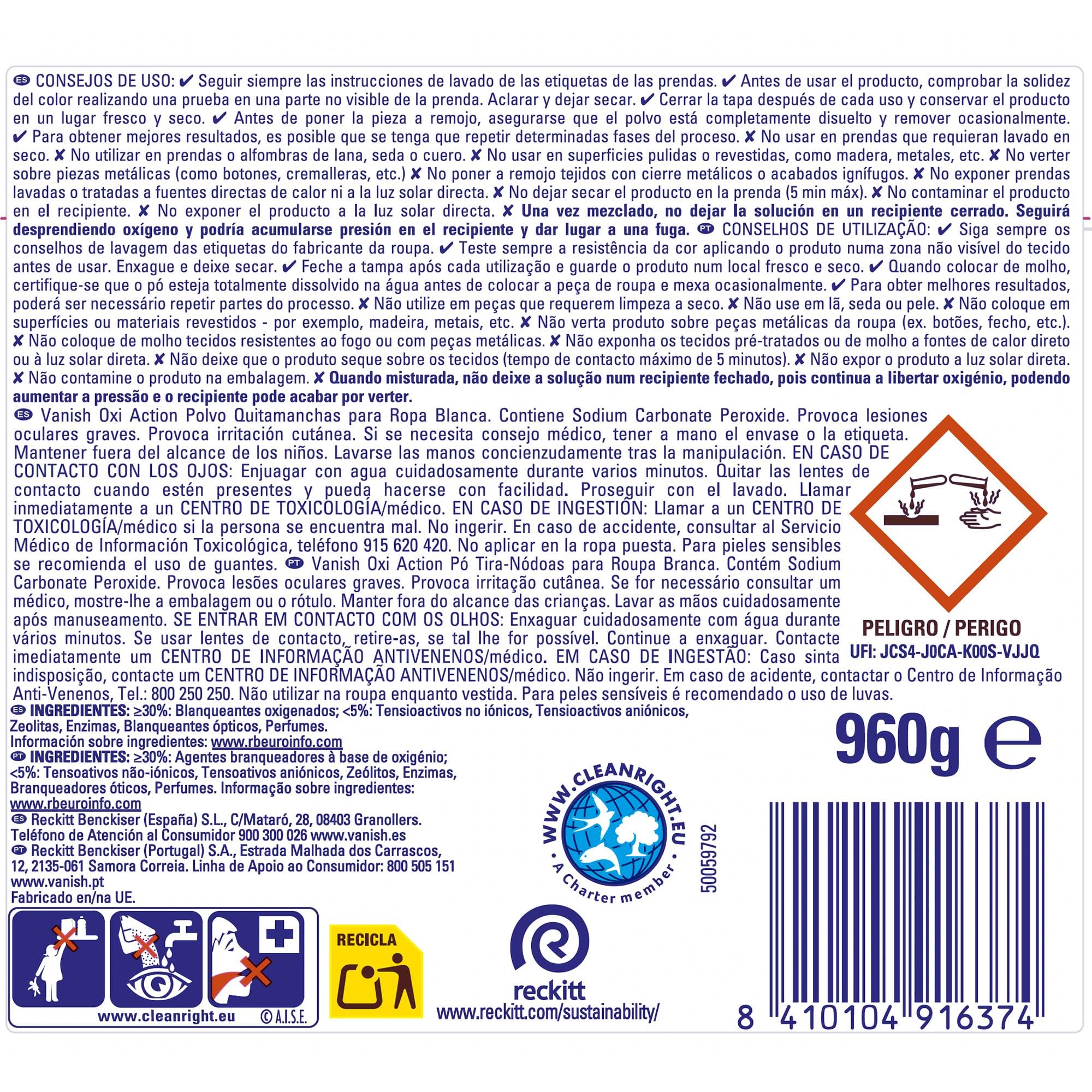 Vanish Oxi Action - Quitamanchas y Blanqueador en Polvo para Ropa Blanca, Sin Lejía - 960gr