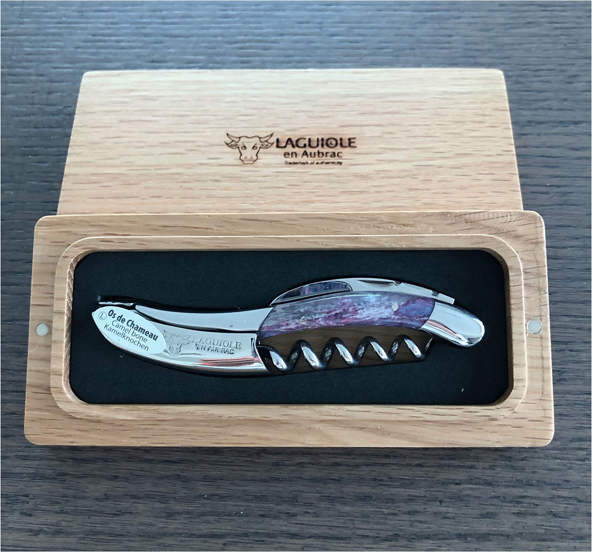 Laguiole En Aubrac Sommelier Waiter's Corkscrew, Purple Camel Bone Handle, Wine Opener With Foil Cutter & Bottle Opener